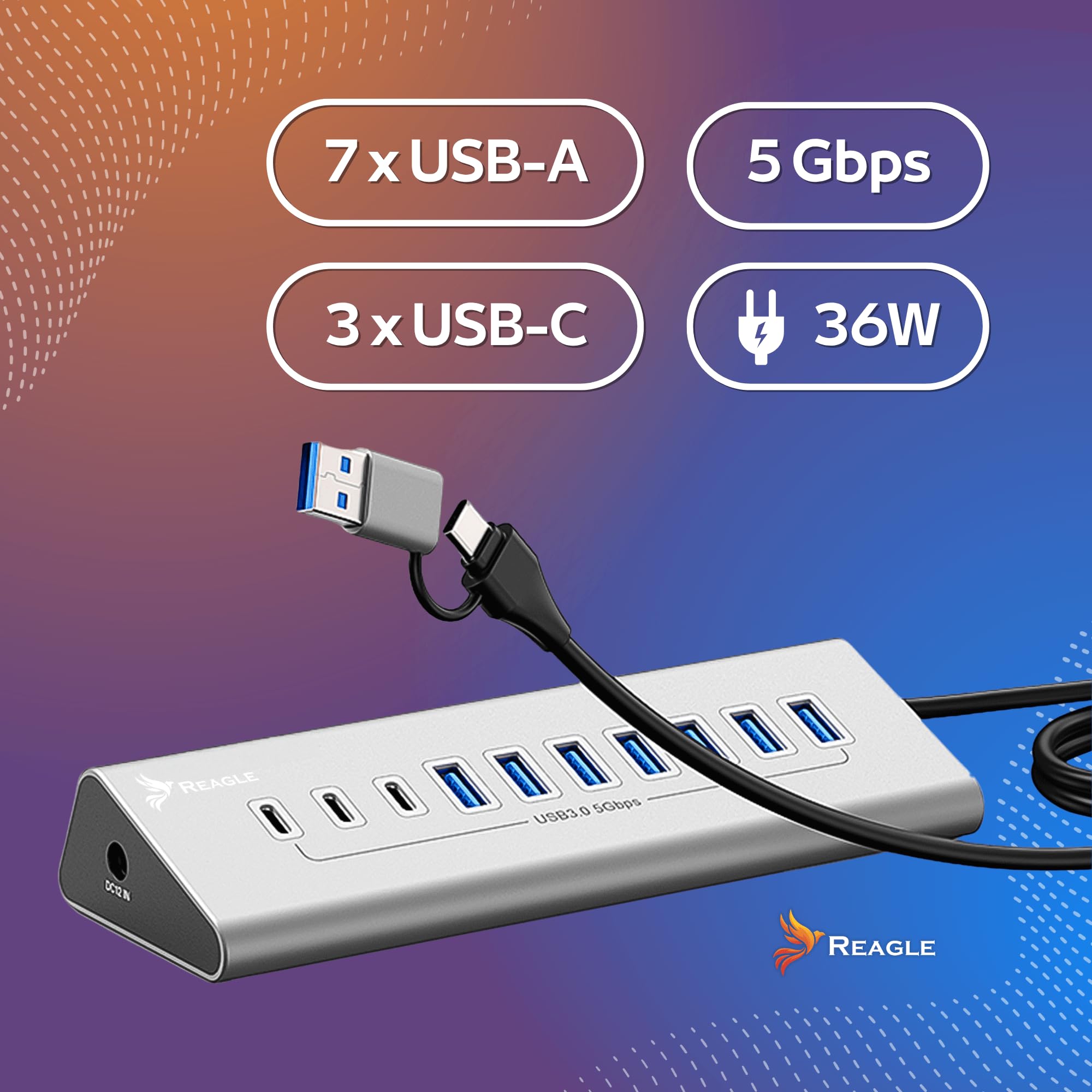 REAGLE Concentrador de 10 puertos, USB 3.2 con cable de 100 cm para escritorio, 10 en 1, 7 puertos USB-A y 3 x USB-C, 36 W, Plug and Play, aluminio USB distribuidor 5 Gbps, para PC, portátil, MacBook