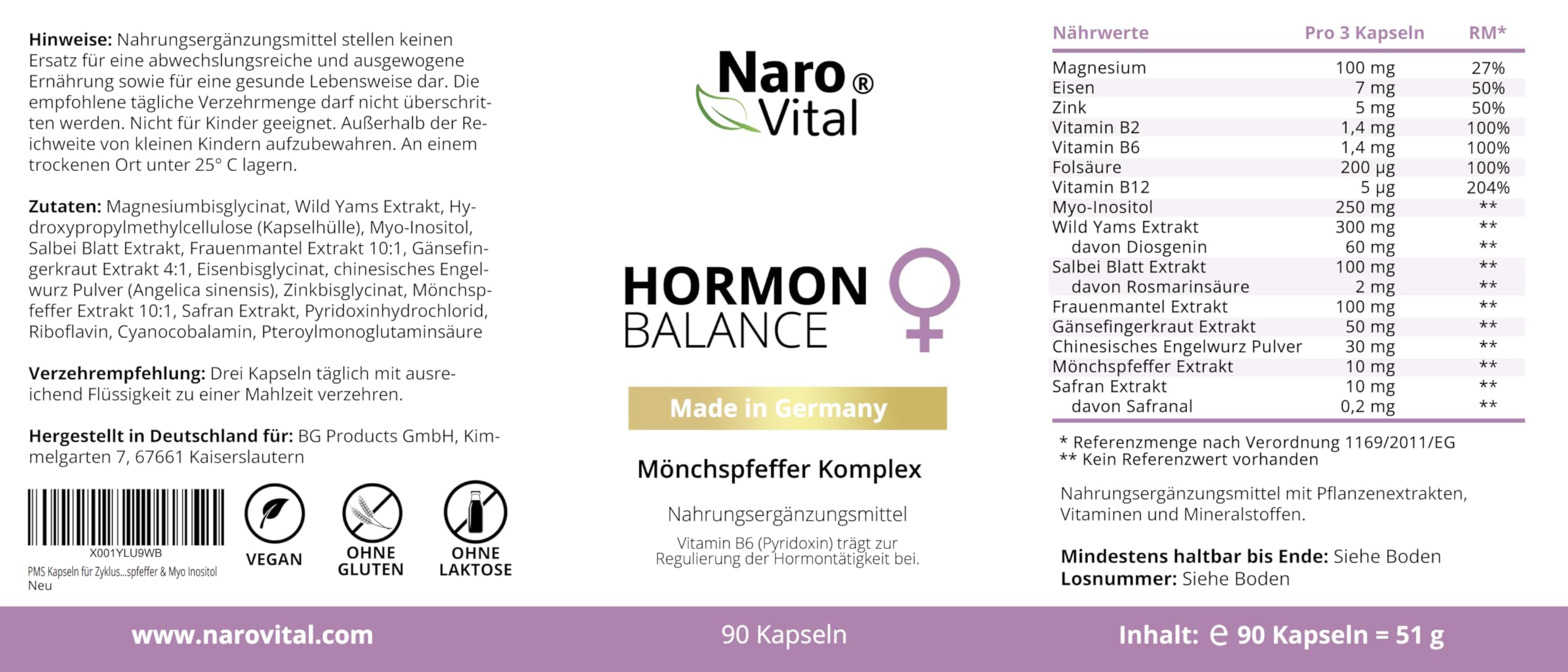 Hormon Balance Frauen Komplex mit Mönchspfeffer hochdosiert, Myo Inositol & Yamswurzel für Zyklus, PMS, PCO, Wechseljahre Menopause | 90 vegane Kapseln mit Agnus Castus