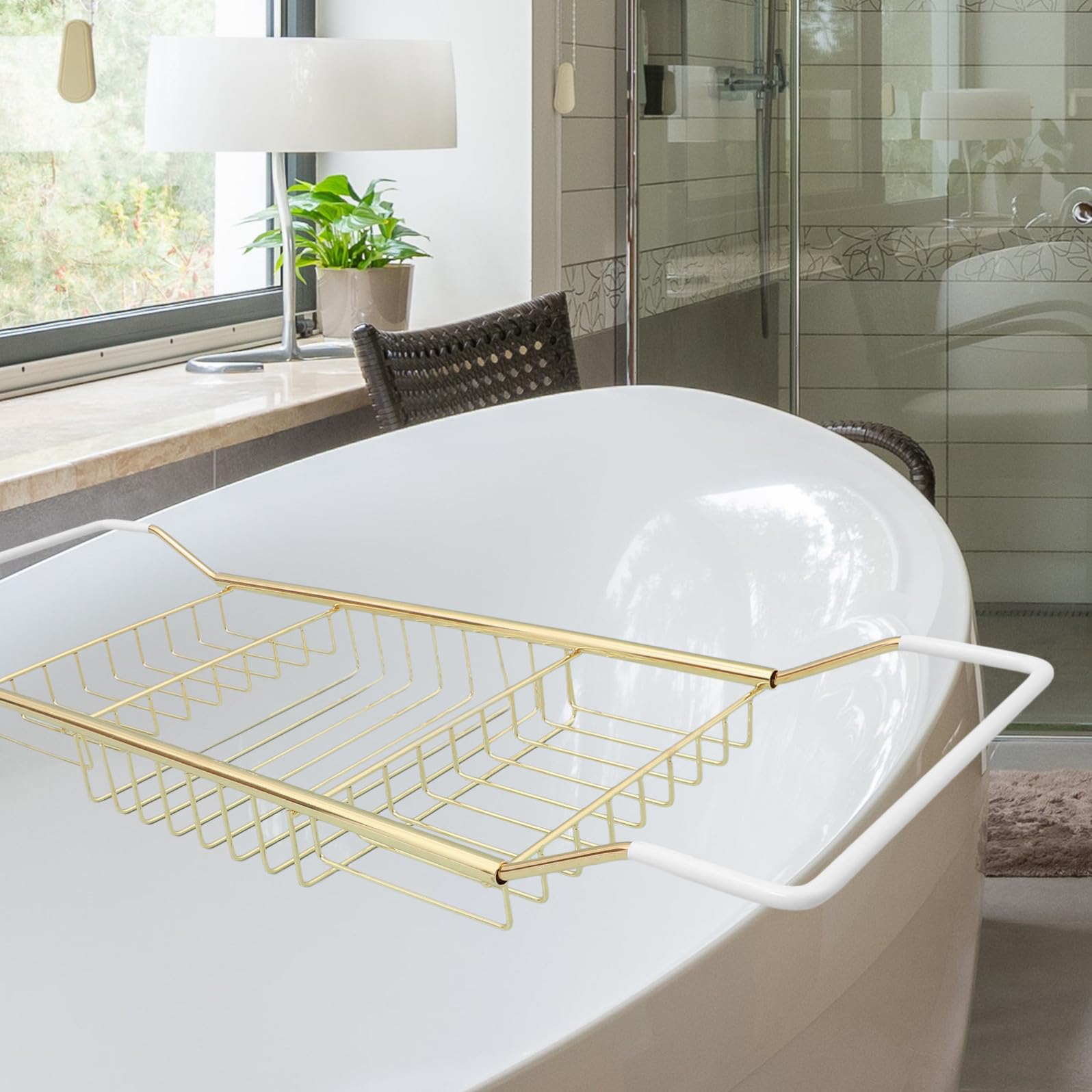 Scaffale Telescopico e Portatile per Bagno in Acciaio Inossidabile Oro Design Antiscivolo Mensola Estensibile per Vasche da Bagno e Doccia