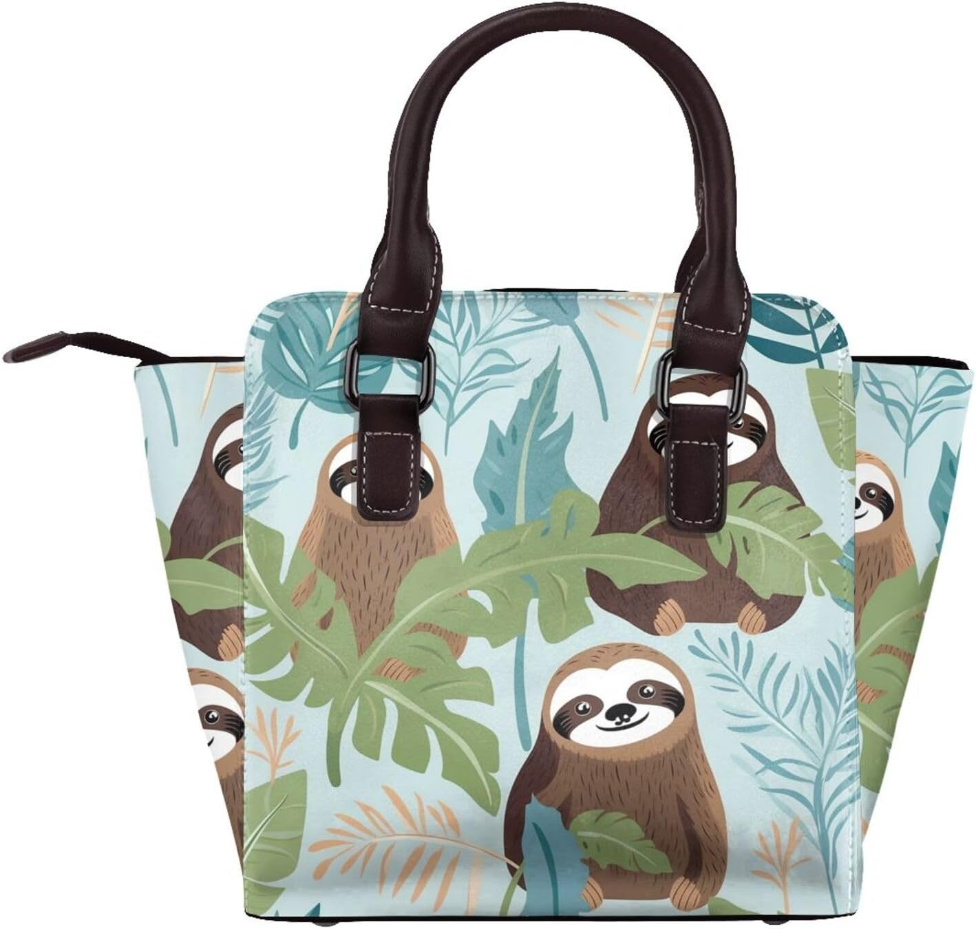 Leather Shoulder Bag for Women, Cute Sloths Studded Purse Tropical Palm Leaves Crossbody Handbags Punk Hobo Bag with Adjustable Strap