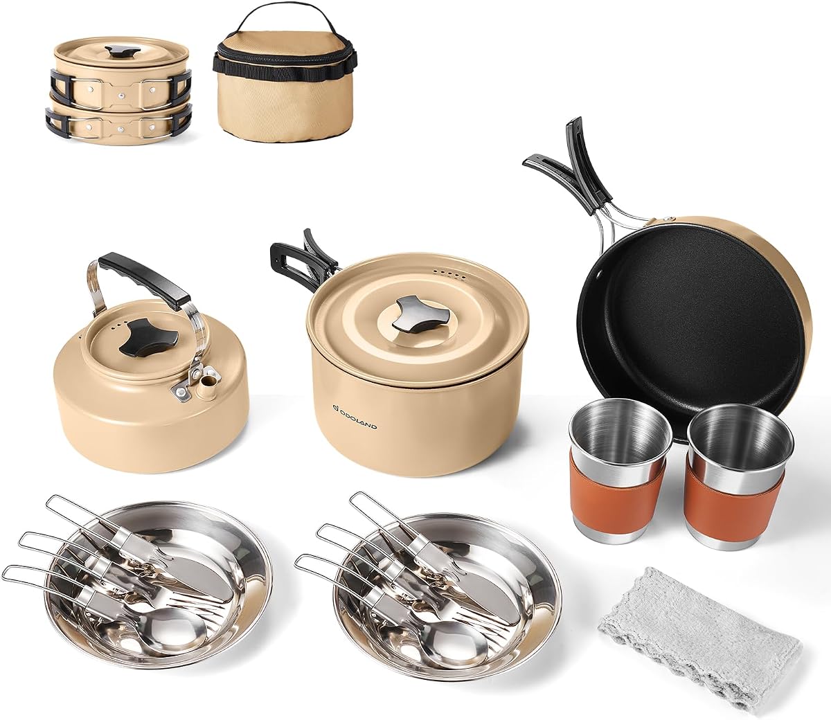 Odoland 15pcs Camping Cookware Mess Kit, Lightweight Pot Pan Kettle Set | Anodized aluminum, for hiking, outdoor cooking and picnic, 1.9L pot 0.8L kettle 0.86L pan mess kit, little compact pot set