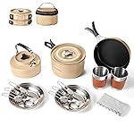 Odoland 15pcs Camping Cookware Mess Kit, Non-Stick Lightweight Pot Pan Kettle Set with Stainless Steel Cups Plates Forks Knives Spoons for Camping, Backpacking, Outdoor Cooking and Picnic