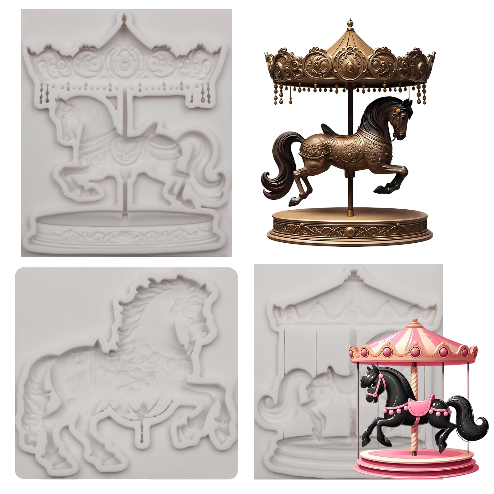 3-teilige Silikonformen für Fondant in Form eines Karussellpferdes, 3D-Schokoladenbackformen für Lutscher, Zuckerdekorationen, Blütenpaste, Karussell-Partys Kuchendekorationen (Grau-TP311)