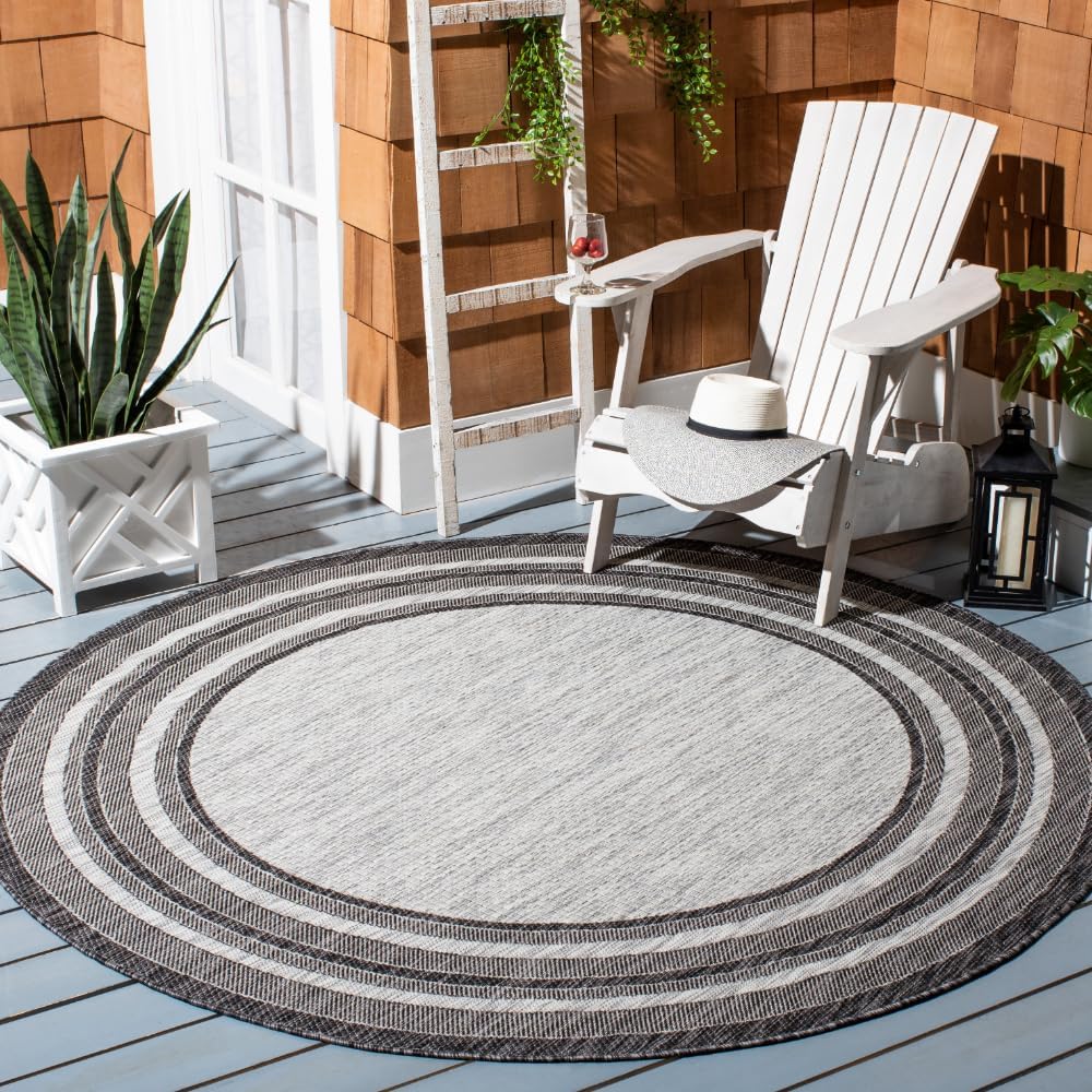SAFAVIEH Courtyard Collection Area Rug - 10' Round, Light Grey & Black, Geometric Pattern, Indoor/Outdoor & Washable, Ideal for Patio, Backyard, Mudroom (CY8475-37612-10R)