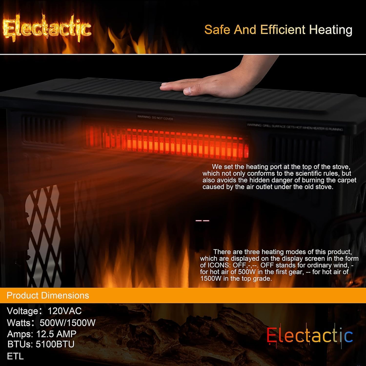 24Inch Electric Fireplace Stove, Free-Standing Infrared Fireplace Stove, Controllable 3D Flame, 4 Variable Flame&Log Colors, 1500w, 5100BTU,TC(50℉-99℉),Black,23.5" L X 10.7" W X 24.3" H