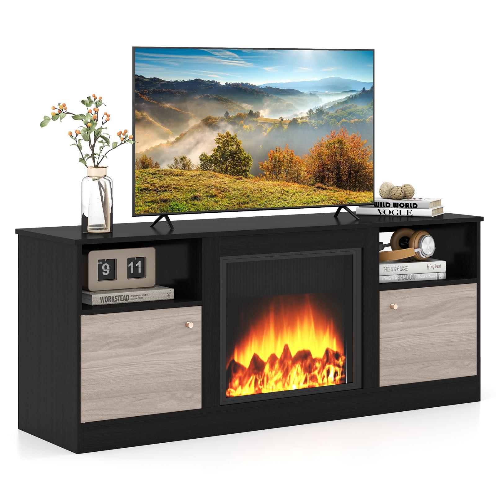 KOMFOTTEU Mueble para TV de 65" con Luces LED | Mesa Baja para Televisor con Estante Ajustable y Compartimento Abierto, Centro de Entretenimiento para Salón, Dormitorio