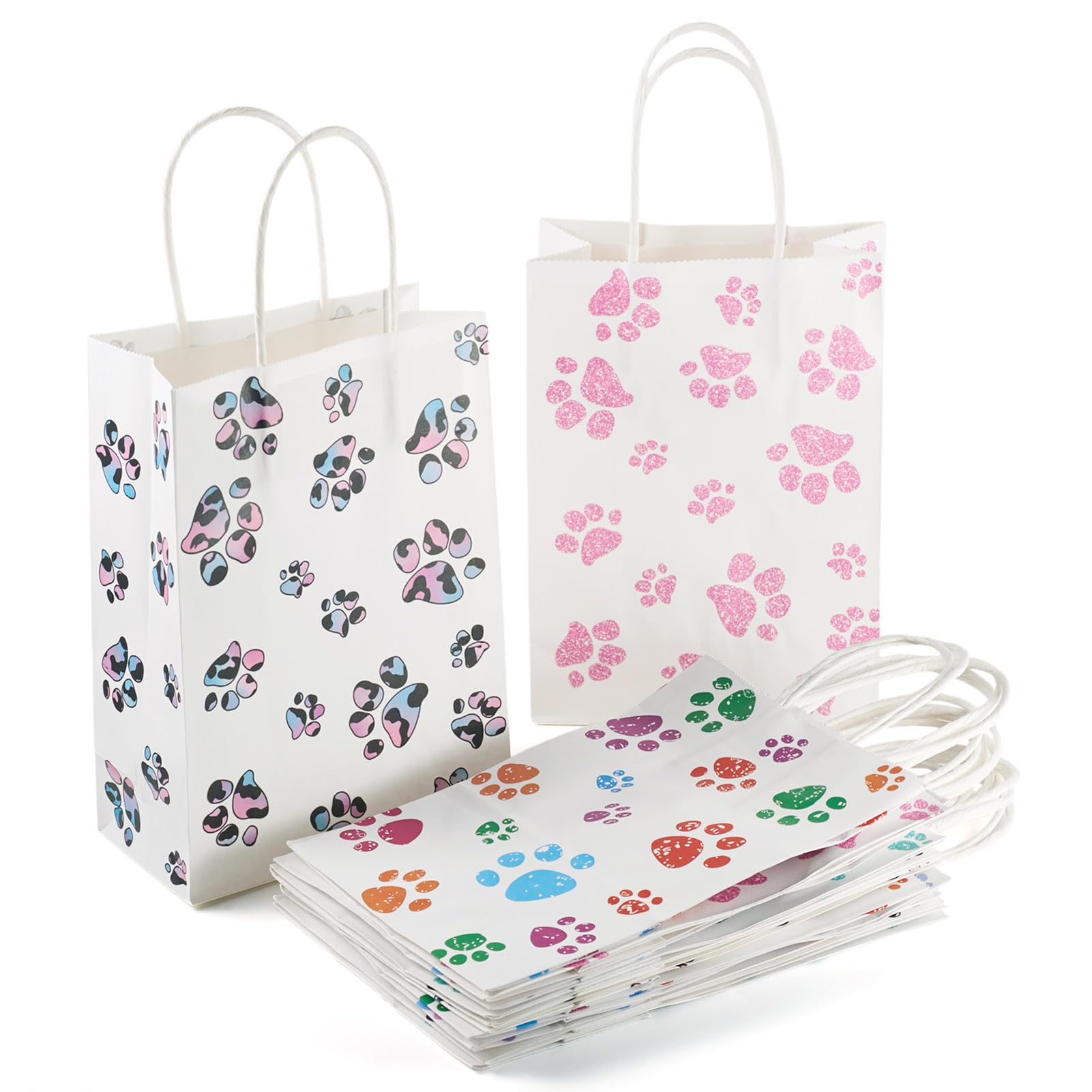 Crafans 12Pcs Paw Print Paper Bags with Handles Party Favour Paper Tote Bags Rectangle Shopping Packaging Carrier Bag for Birthday Present Party Favors — image 1