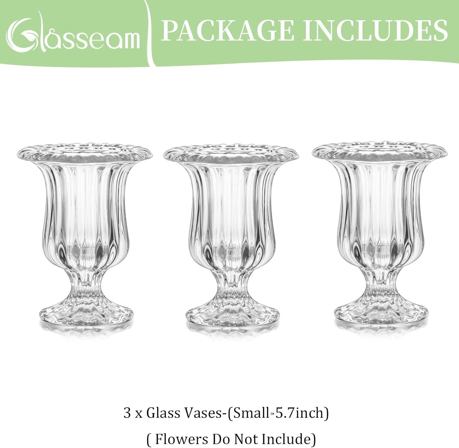 Glasseam Glass Vases for Decor, Small Compote Vase Set of 3, Ribbed Flower Vases for Centerpieces, Fluted Clear Crystal Pedestal Vase for Wedding Table Decorations, 5.7in - Image 6