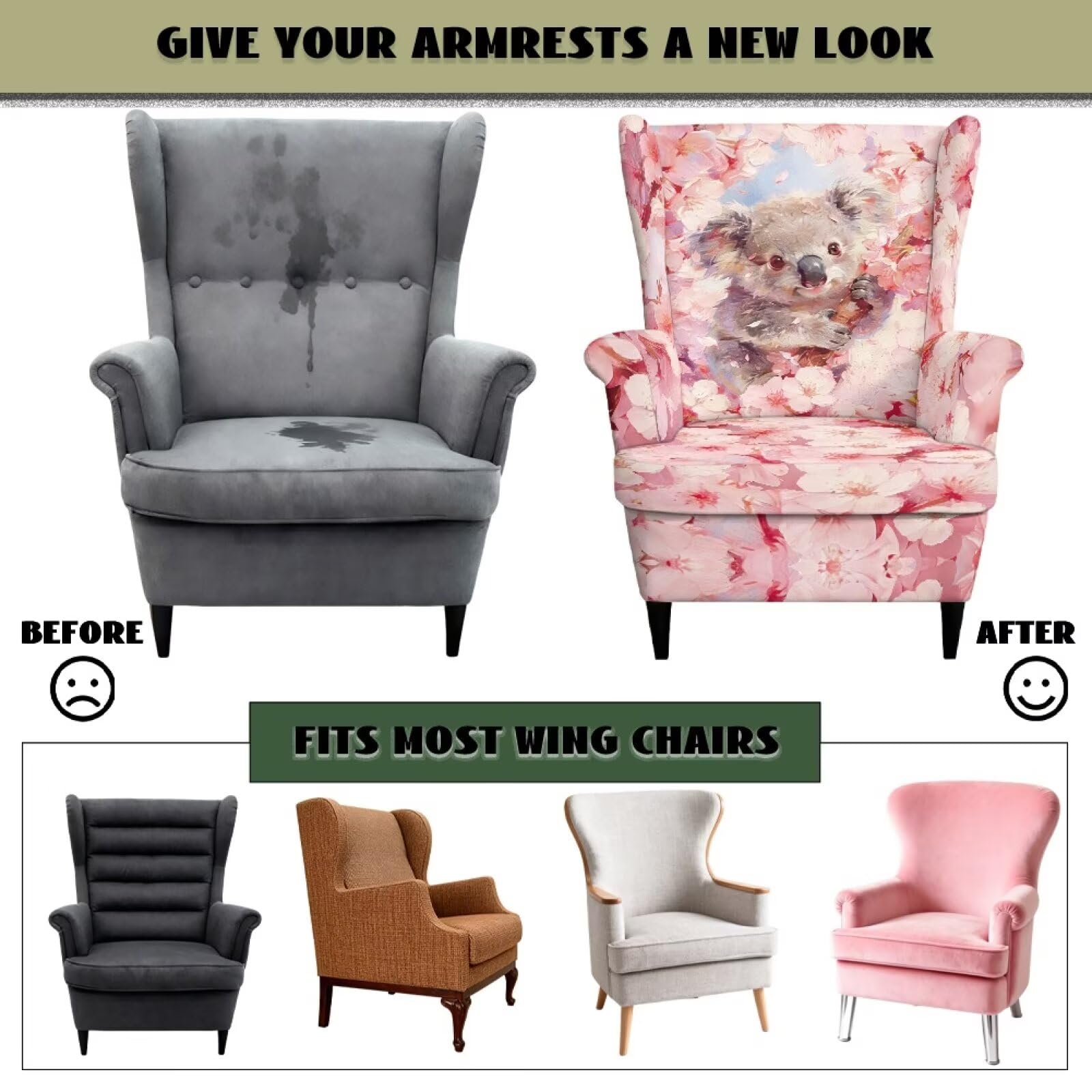 Xoenoiee Koala - Funda para silla con respaldo de alas con estampado de flores de cerezo, 2 piezas, fundas para sillón con parte inferior elástica, protector antideslizante para muebles para sala de