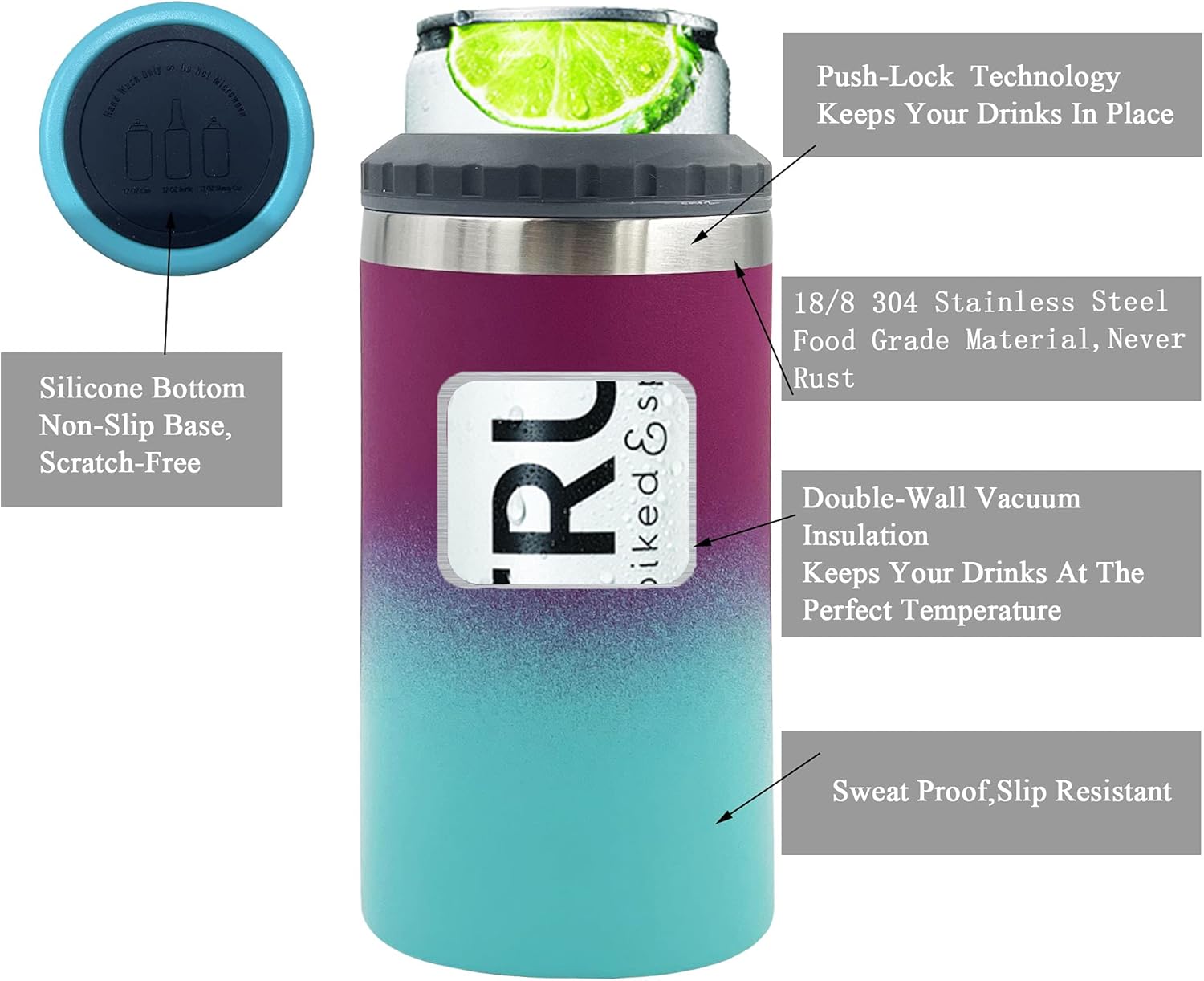 4-in-1 Can Cooler, Stainless Steel Double-Walled 12 oz. Slim Can Cooler/Regular Can Holder/Skinny Can Insulator and Beer Can/Bottle Insulated Cooler, Octagonal Design (Purple-Green, 1 Pack): Home & Kitchen