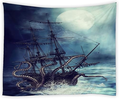 Miniatura 9 de jingjiji Tapiz de pulpo, fantasía, paisaje oceánico, barco pirata náutico, onda, vela, luna, tapices para colgar en la pared, decoración de