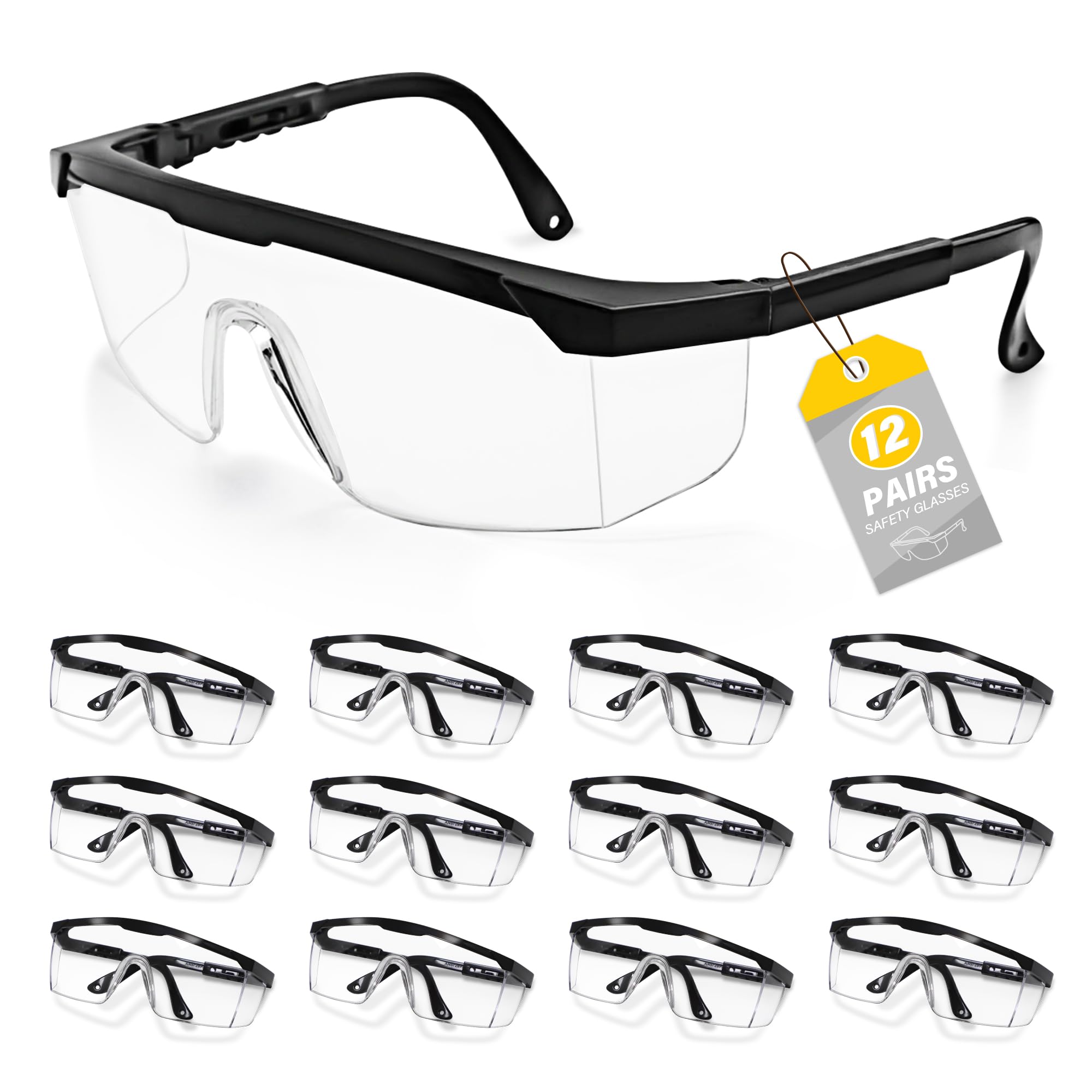 Paquete de 12 lentes de seguridad a granel antivaho, lentes de seguridad ajustables, protección UV, lente de policarbonato resistente a los arañazos, gafas protectoras con ANSI Z87.1 para construcción