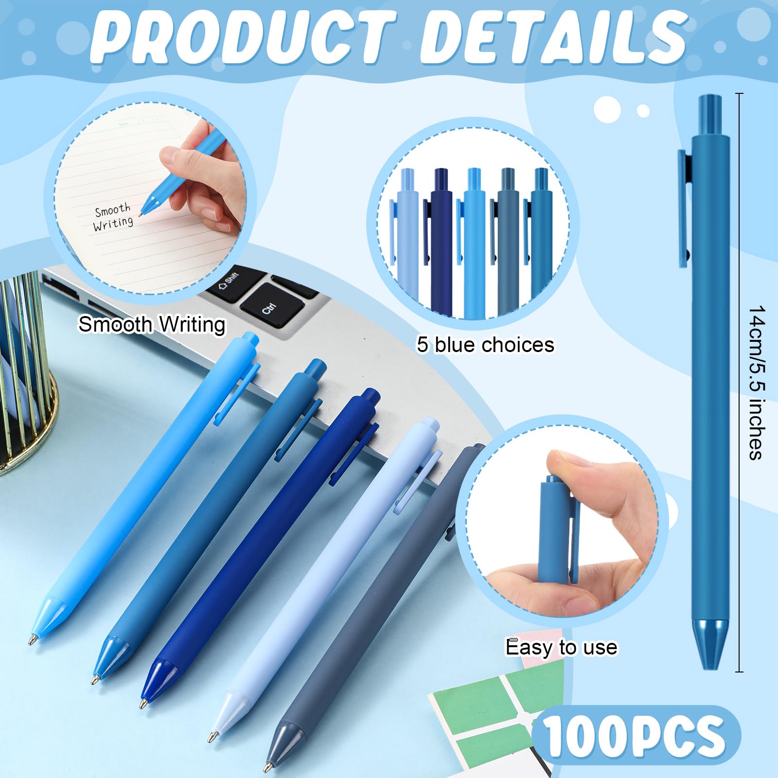 Bolígrafos retráctiles a granel de 1,0 mm, punta media, para el primer día de escuela, bolígrafos coloridos para oficina, hogar, fiesta de cumpleaños (100 unidades, serie azul)