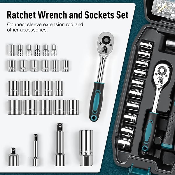 Sundpey Home Tool Kit 281-PCs - Protable Complete Basic Hand Repair General Tool Sets for Men Women - Tool Set with Socket Wrench Set & Screwdriver Set & Metric Hex Key & Pliers & Tool Box Case - 4