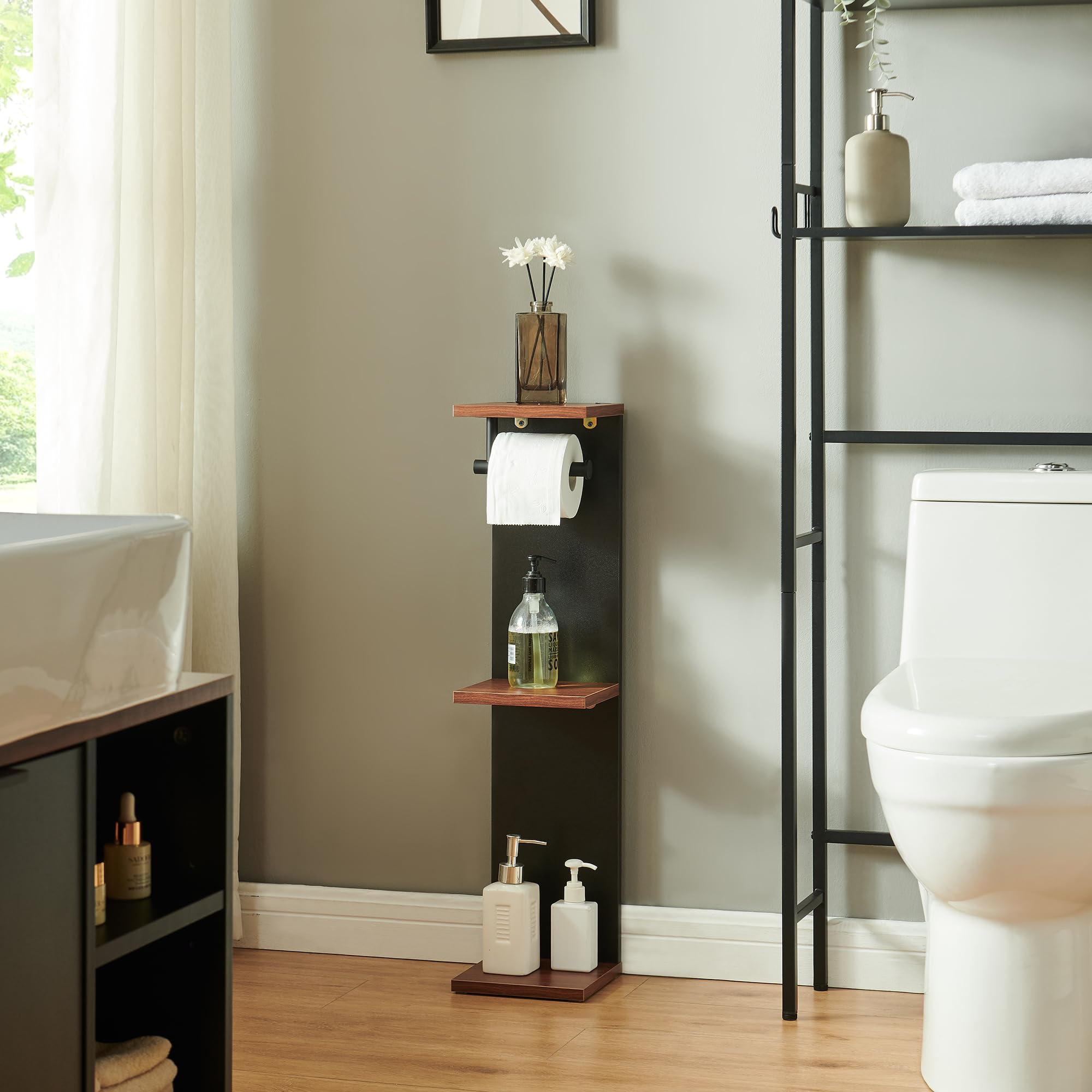 [en.casa] Mobile Portarotolo da Bagno Scaffale da Terra Porta Carta Igienica con 3 Ripiani e Barra Supporto Contenitore Rotoli di Riserva per WC Gabinetto 76 x 18 x 18 cm - Nero/Effetto Noce