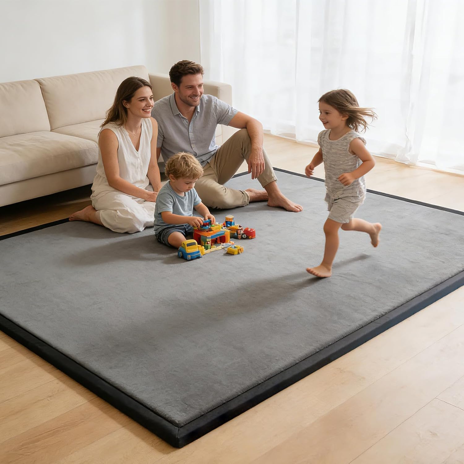Baby Play Mat for Floor, 1.3 Inch Thick Memory Foam Tummy Time Mat with Non Slip Backing, Soft Coral Velvet 71X79 Inch Playpen Mat Crawling Tatami for Infants Toddlers Kids, Dark Gray