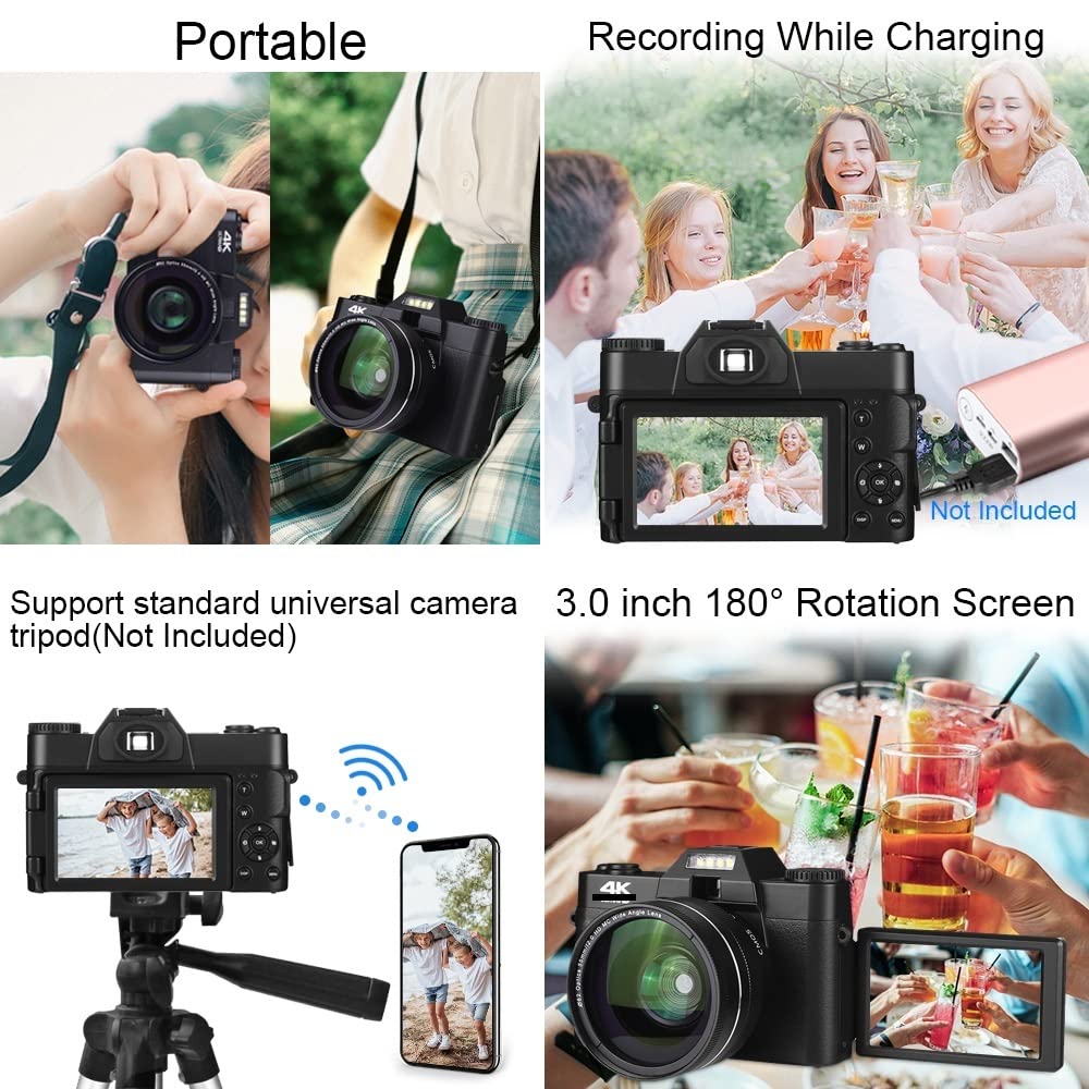 Fotocamera digitale Videocamera Vlog for webcam Grandangolo Zoom digitale 16X Fotografia da 48 MP Schermo ribaltabile da 3 pollici Regalo per principianti(With 64GB TF card,With 2 Lens)