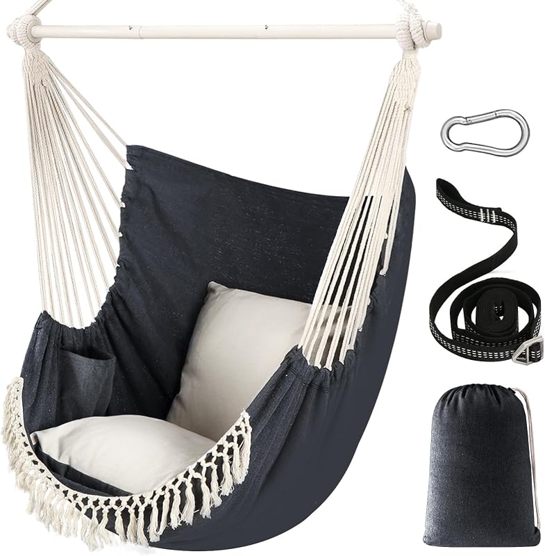 Chihee Hammock Chair Max 500 Lbs 2 Cushions Spreader Bar Strap Carabiner | Collapsible Metal Rod with Anti-Slip Grooves Portable Hanging Swing Side Pocket Macrame Bohemian Chair Indoor Outdoor Graden