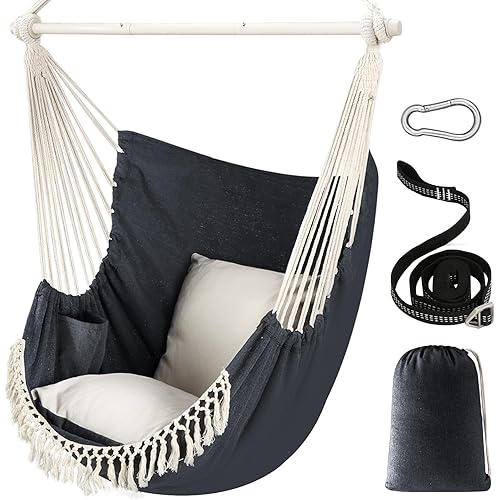 Chihee Hammock Chair Hanging Swing Max 500 Lbs 2 Cushions Included Steel Spreader Bar with Anti-Slip Grooves Portable Hanging Chair Side Pocket Large Macrame Bohemian Chair Indoor Outdoor