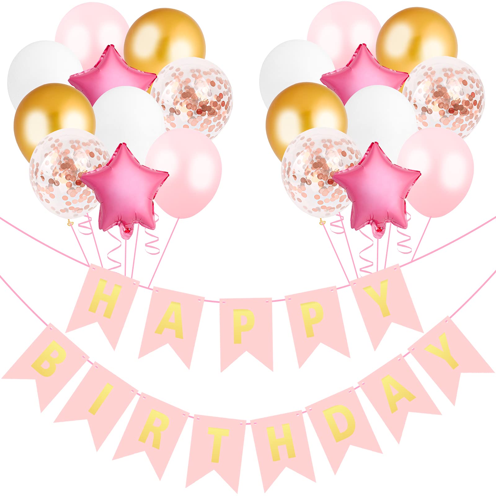 REMEL Black Gold Happy Birthday Banner with 20Pcs Latex Balloons Gold Confetti Balloons for Birthday Party Supplies Decorations Birthday Sign Garland Hanging Decor for Boys Girls Men Women (Pink)