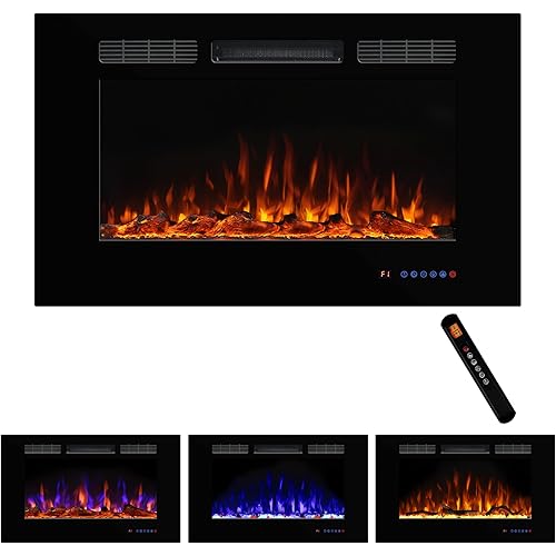 Electric Fireplace 40" W 26.5" H, Wall-Mounted & Recessed Fireplace Inserts, Multicolor Flame w/5 Dimmer, Remote Control Thermostat, Timer, Overheating Protection, Hardwired, 1500W,Black
