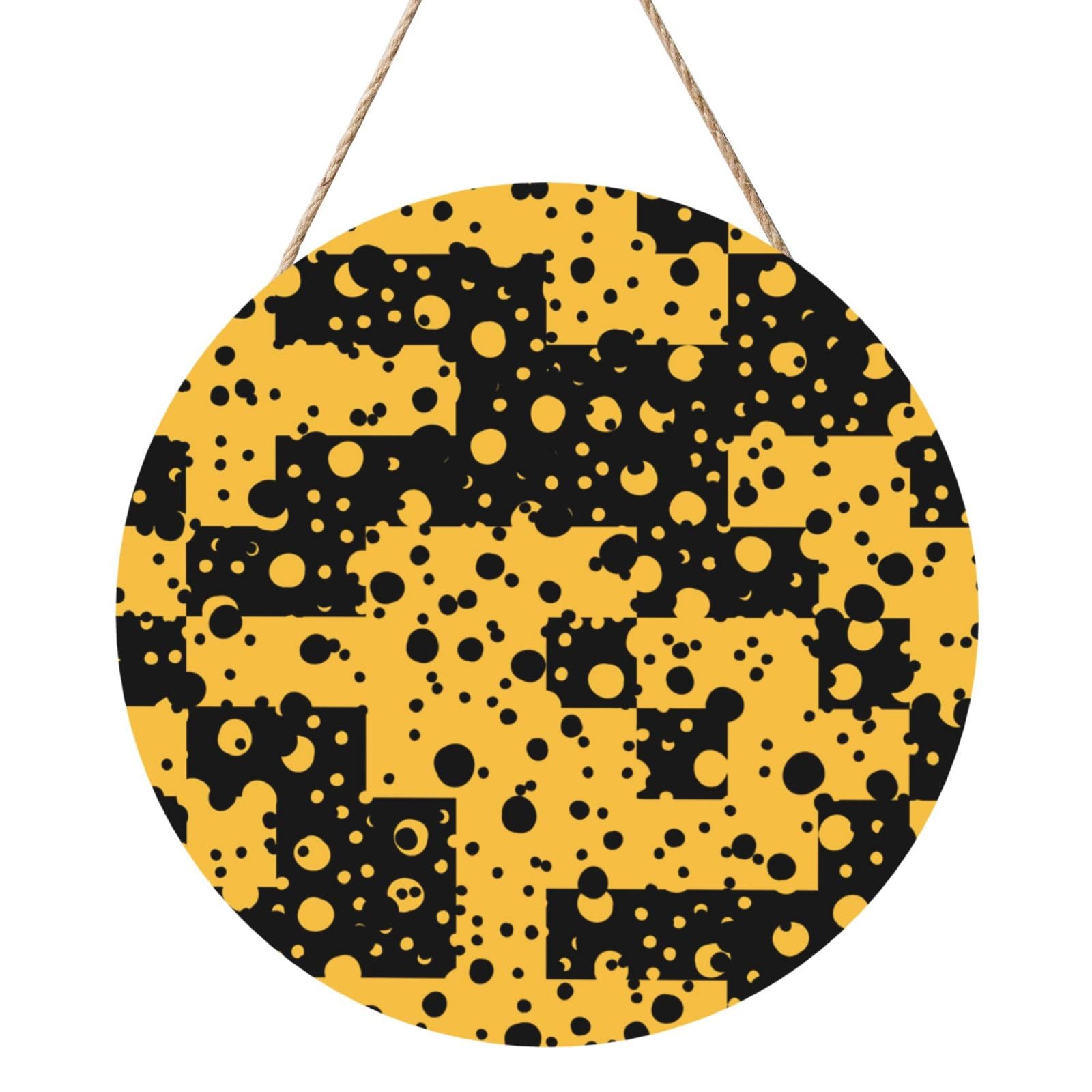 InOmak Black Yellow Abstract Pattern, Round Wood Panel Painting 12 in, Wall Hanging Painting For Home