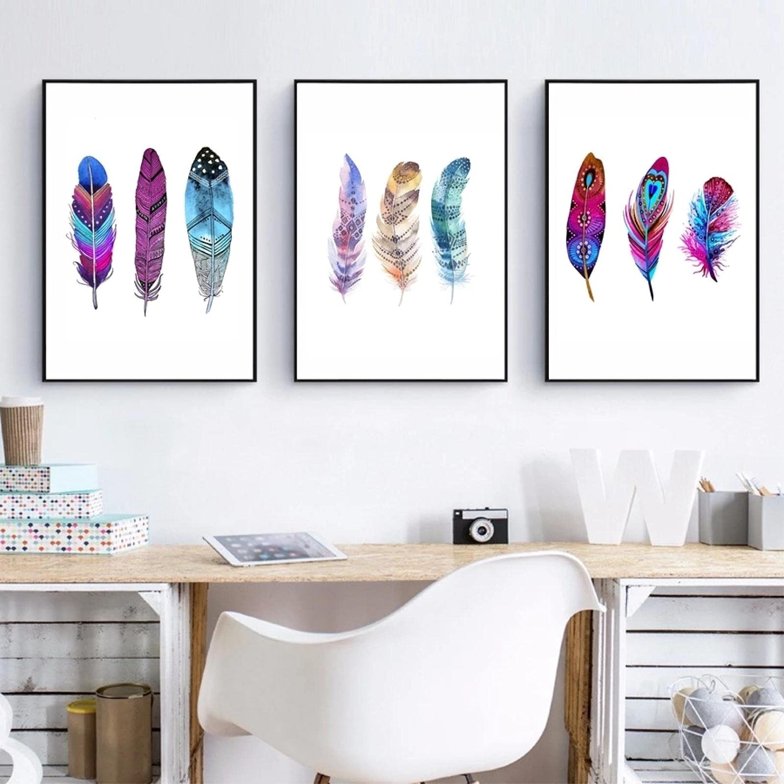 Pintura cuadros de pared acuarela abstracta de plumas coloridas en lienzo giclée de 3 piezas 8