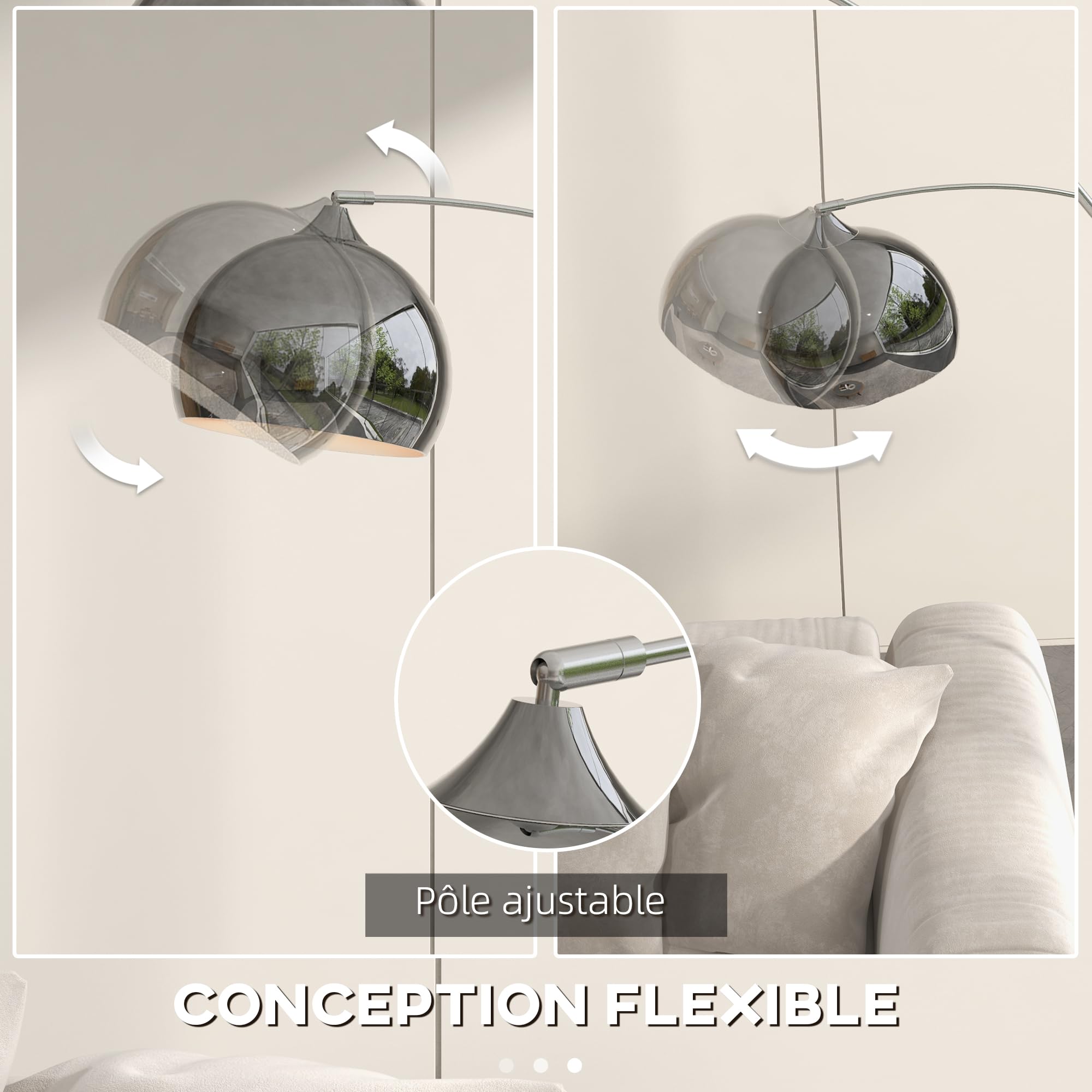 HOMCOM Lampadaire Arc avec Abat-jour Argenté, 40W E27, Pied Marbre, Hauteur Réglable 170-180 cm, Noir Gris