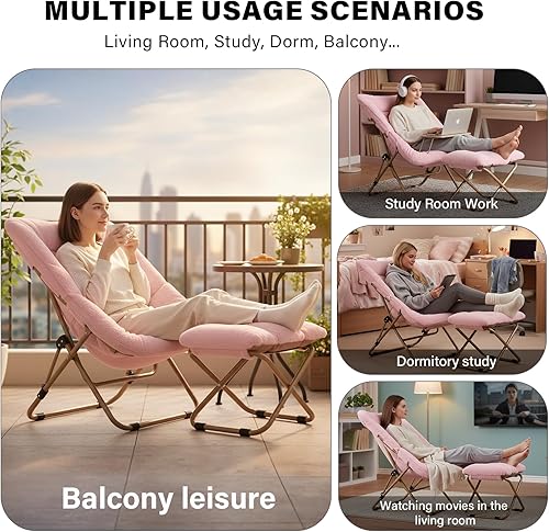 Miniatura 6 de Tiita Silla plegable con otomana recta, silla plegable de gran tamaño de piel sintética suave, silla perezosa, silla de luna con marco de metal para