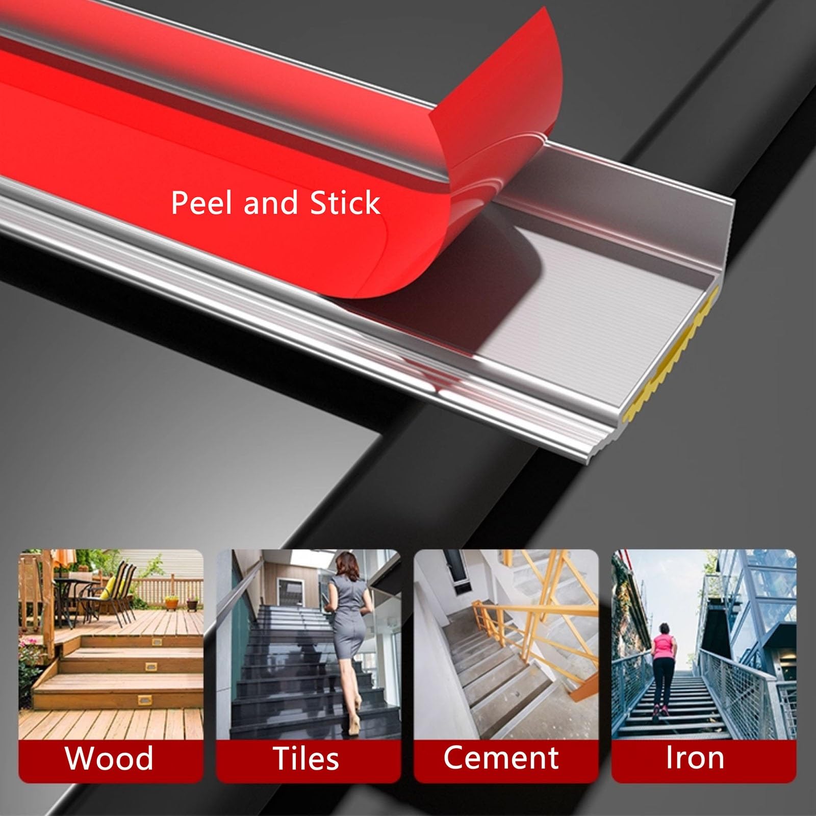 Perfil de borde para escaleras autoadhesivo de 100/134 cm, perfil angular de aluminio en forma de L con goma antideslizante, para exteriores e interiores(Gray,9.6x3x150cm)