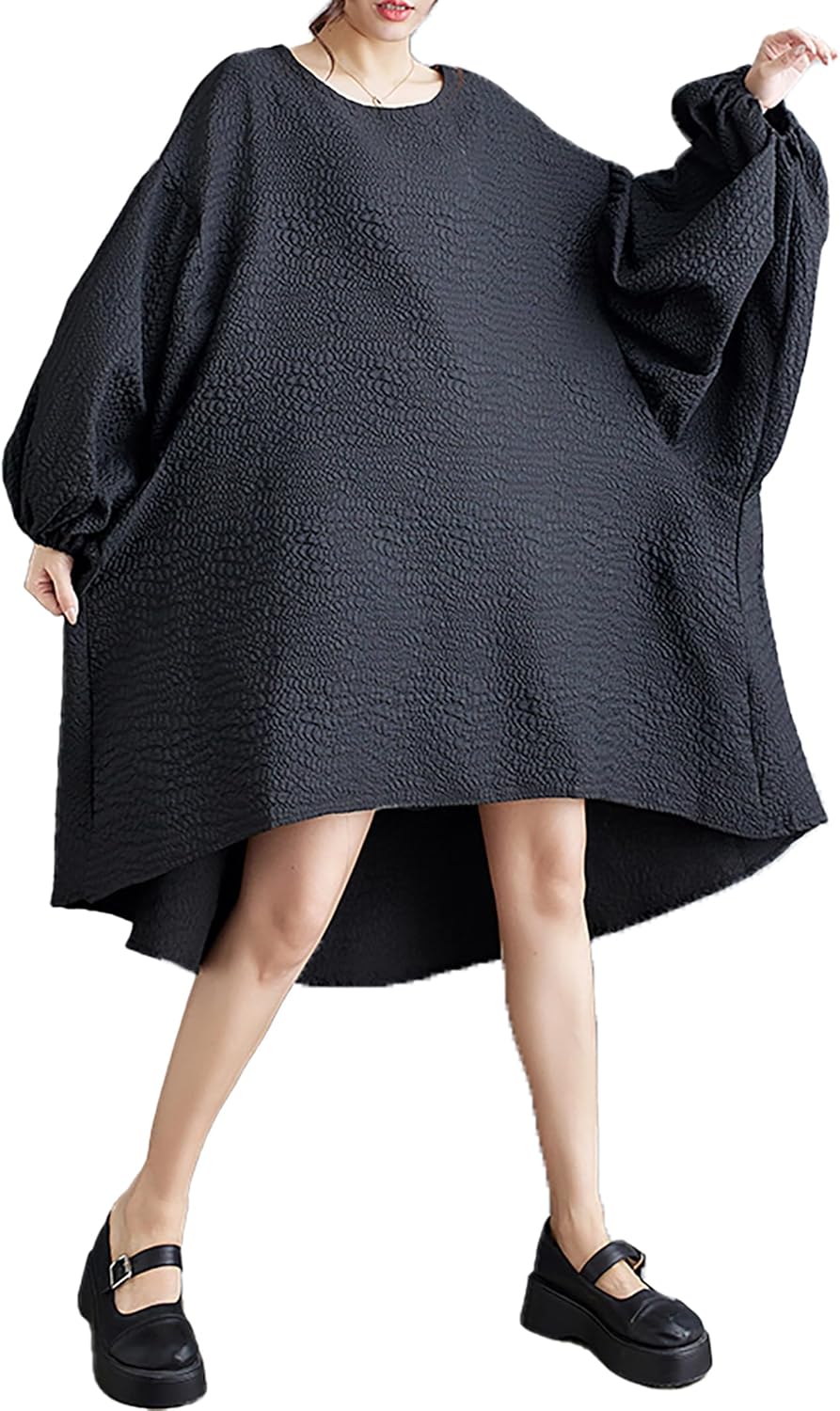 ellazhu Women's Dress Long Sleeve Crewneck Flowy High Low Hem Loose Oversize Casual Fall GZ261