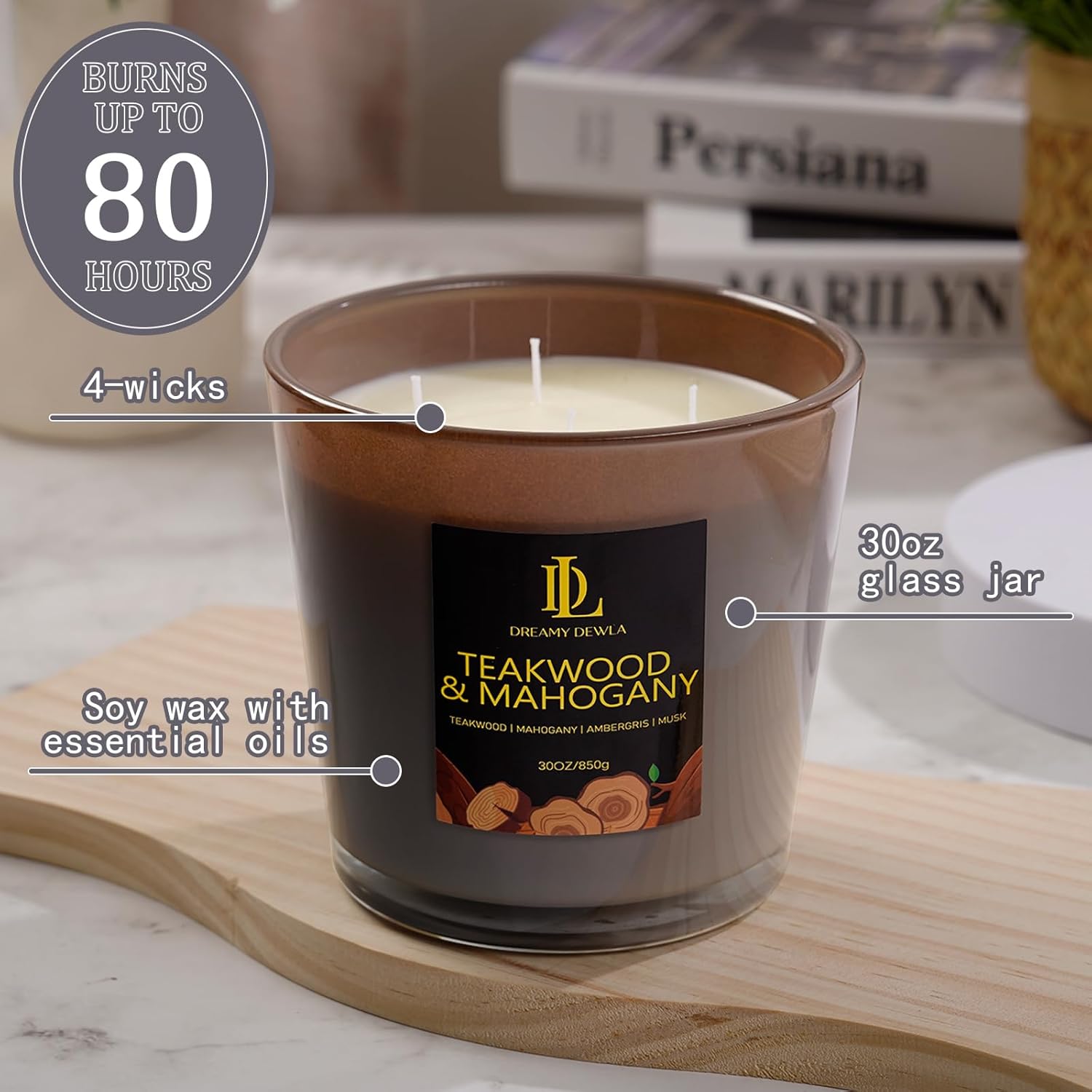 Teakwood & Mahogany Scented Candle, Large 30oz Natural Soy Candles, 4-Wick 80 Hour Burn Time, Home Fragrance Candles Housewarming Gift for Women Men - Image 3