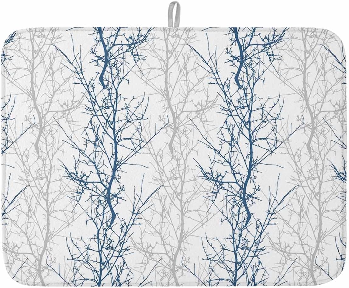 Blue Grey Minimalist Tree Dish Drying Mats for Kitchen Counter Set of 2, Vintage Branch Gradient Absorbent Dish Drainer/Rack Mat,Hangding Quick Drying kitchen Mat,18x24inch Machine Washable