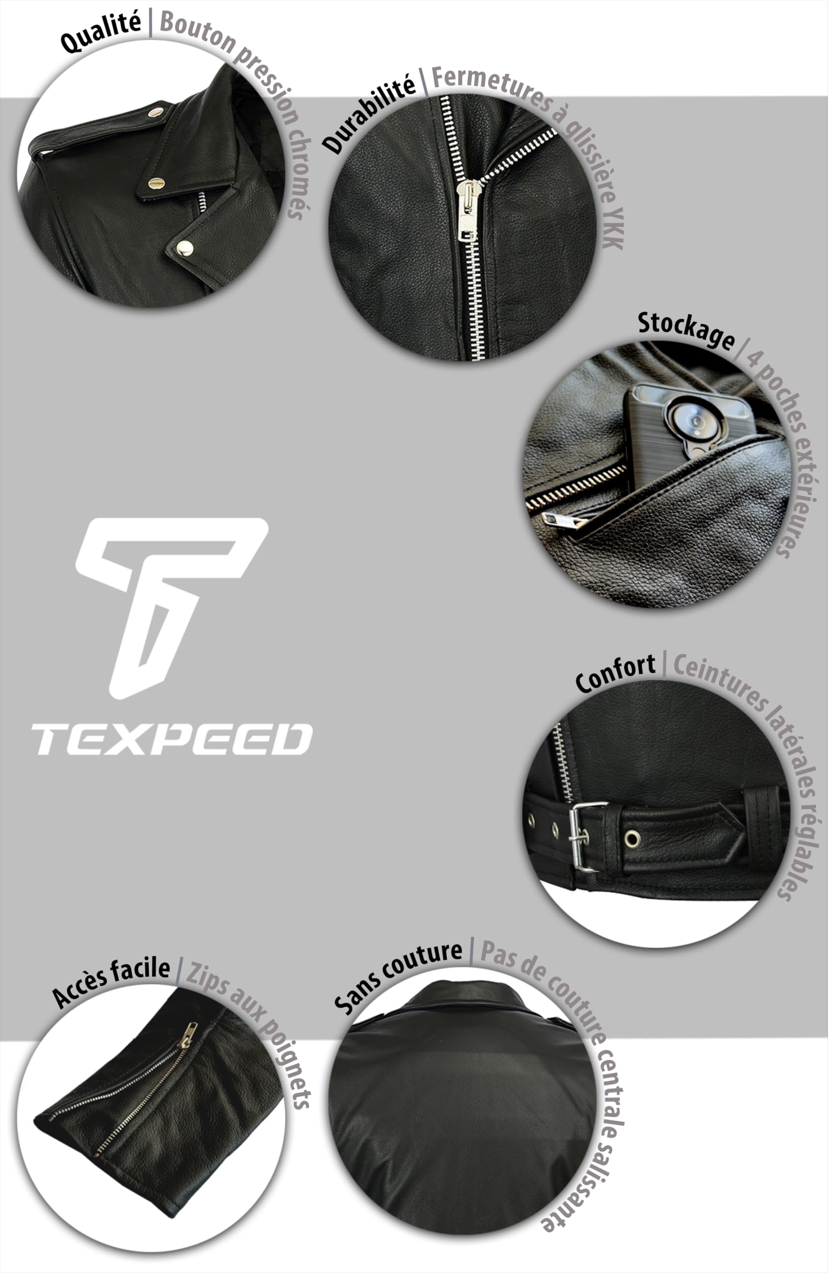 Texpeed Veste moto cuir homme homologué avec protections - Perfect Marlon Brando rétro Chopper blouson - Avec protection véritable biker CE armor (EN 1621-1) Noir - 6XL