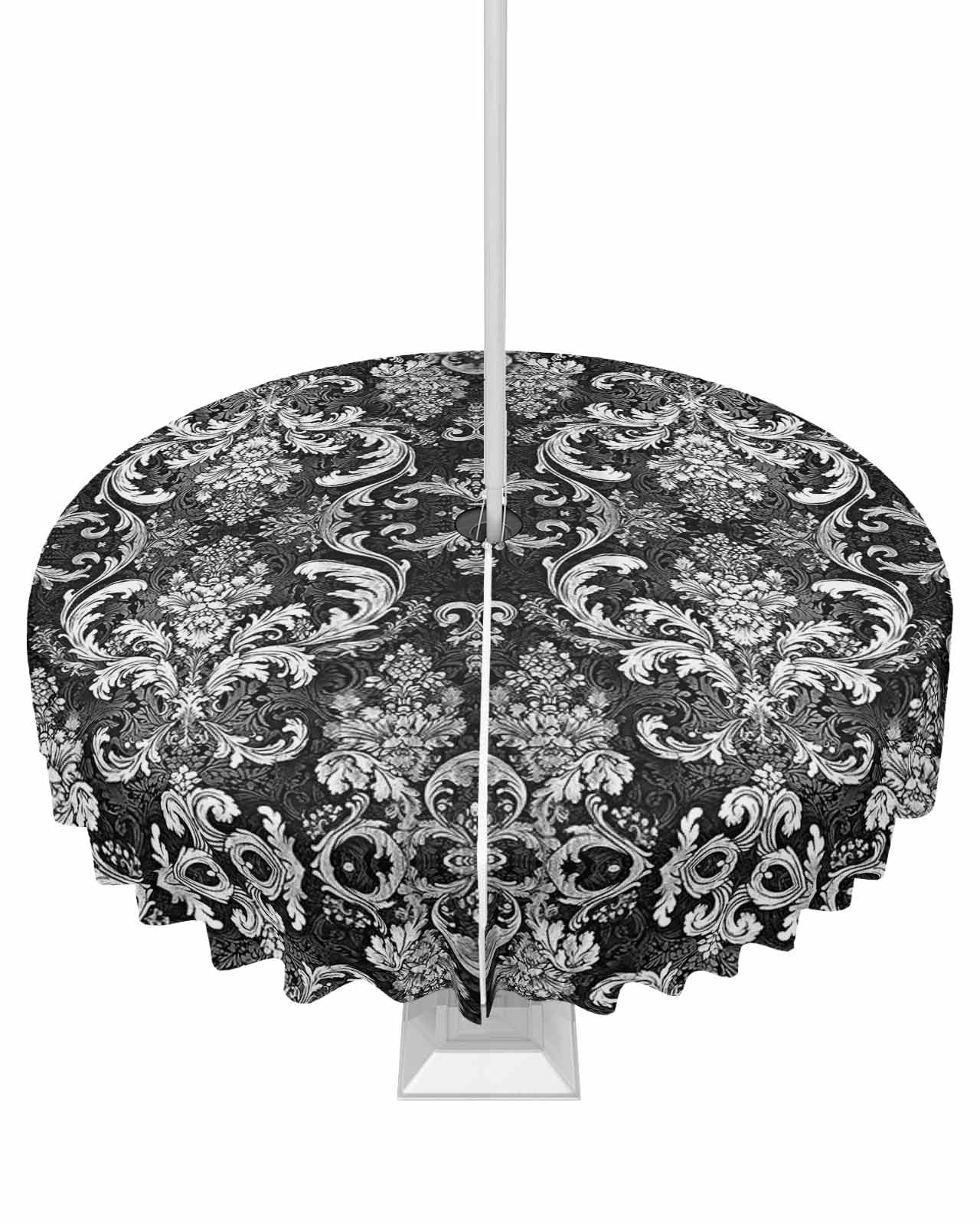 Outdoor Tablecloth with Umbrella Hole and Zipper 60R Abstract Floral Damask Retro Gradient Black White Texture Table Cover for Round Tables Waterproof