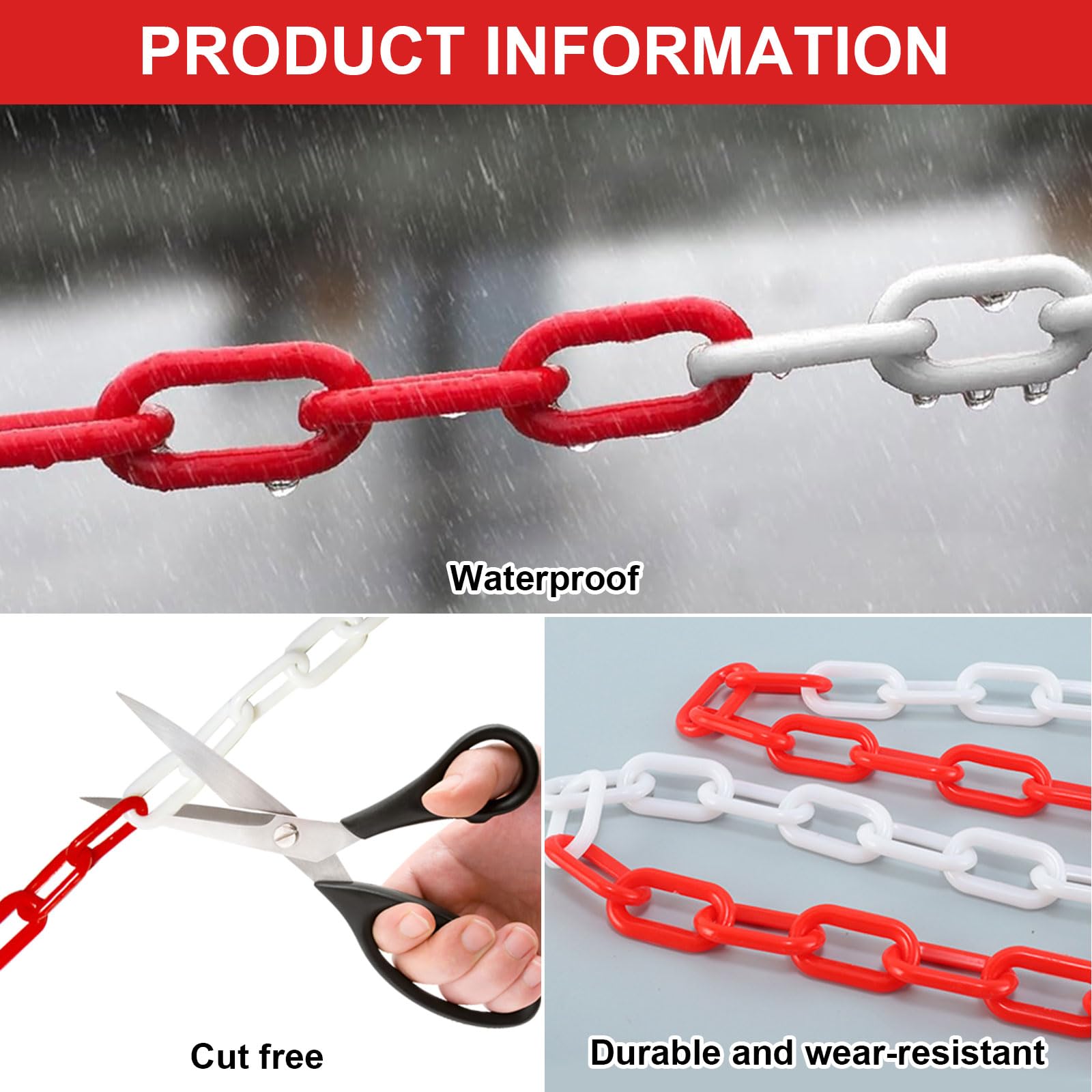Cadena de seguridad roja y blanca 25 m 6 mm plástico con 4 mosquetones
