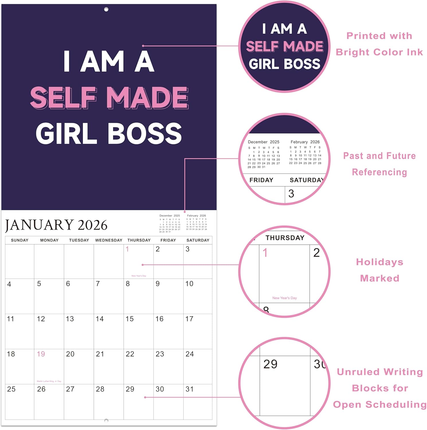 2026 Wall Calendar – 12 Monthly Inspirational Calendar 2026 for Woman, Jan. 2026 - Dec 2026, 12" x 24" (Open), Daily Motivational Quotes with Hanging Hole, Premium Paper, Great Gift Choice - Image 3