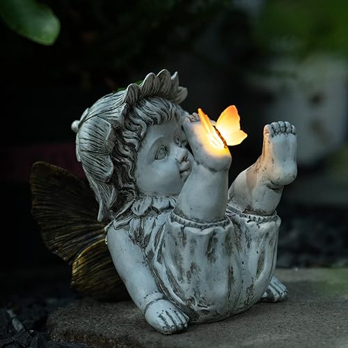 Miniatura 8 de Suyorpe Decoración solar de hadas para jardín de hadas, figuras de hadas, estatuas de resina para exteriores, adornos con mariposa iluminada para