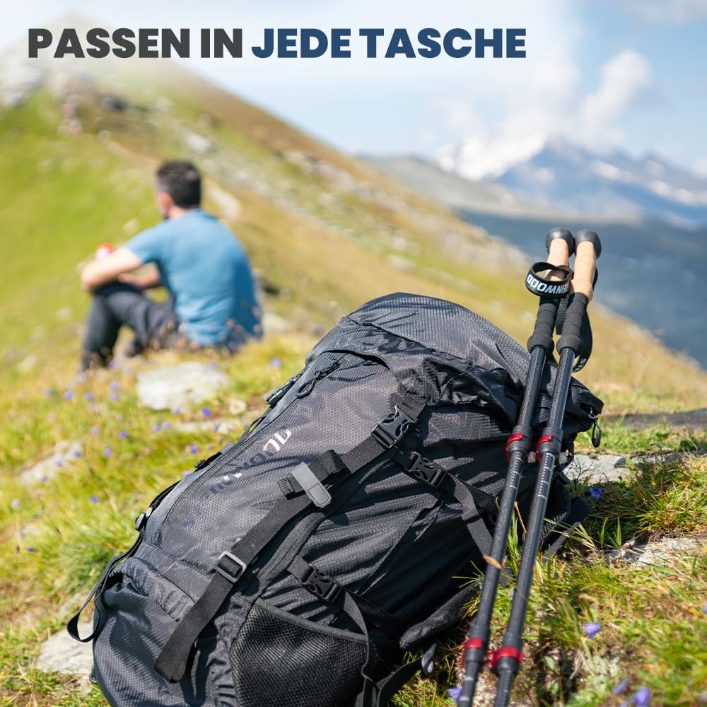 Steinwood Premium Carbon Wanderstöcke - Trekkingstöcke - extra leicht, verstellbar mit Teleskop und Klemmverschluss mit extra Gummipuffer und Tragebeutel