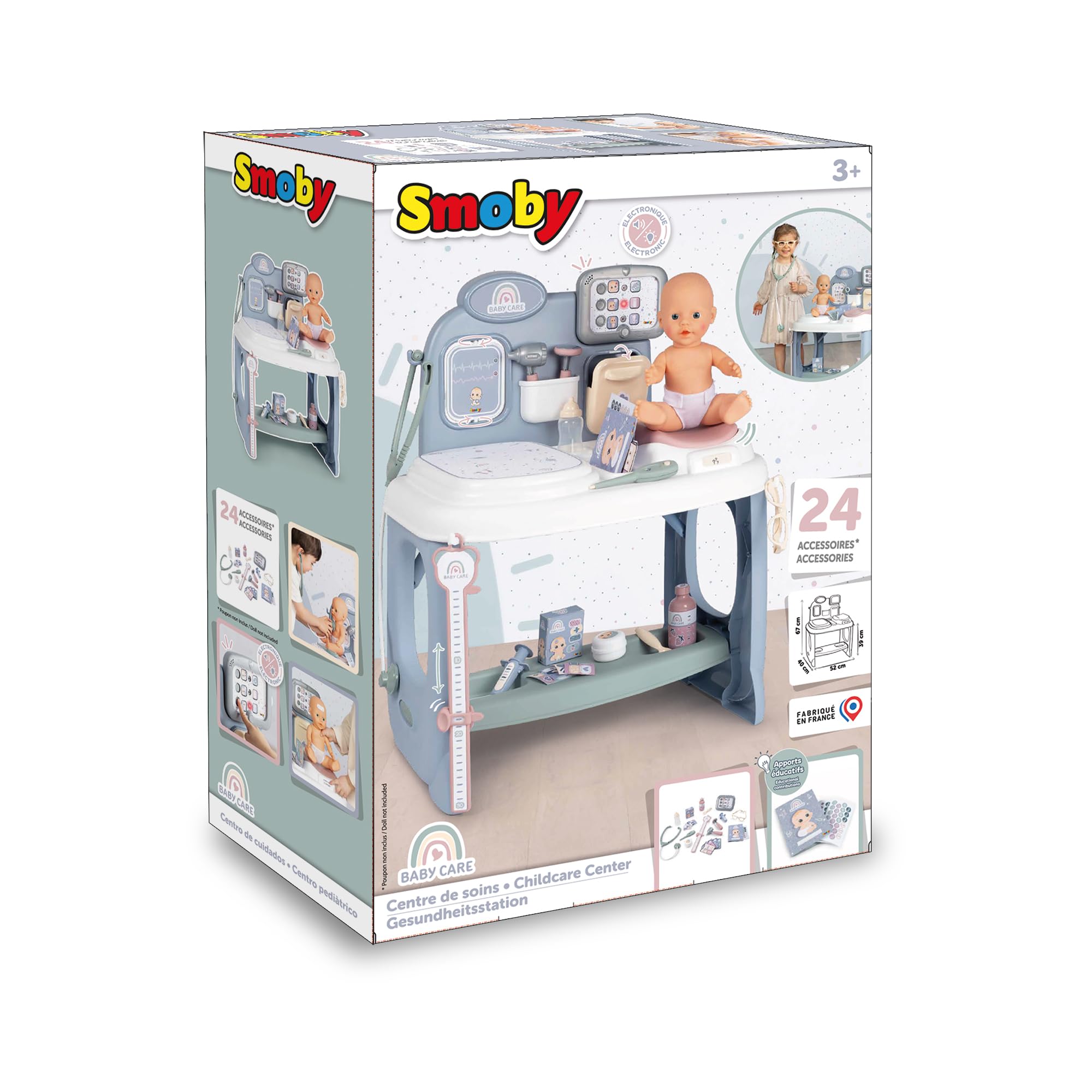 Smoby - Cura del bambino - Centro di assistenza - Giocattolo pediatra imitazione - Per neonati e bambole - Tablet elettronico - 24 accessori da dottore - Dai 3 anni