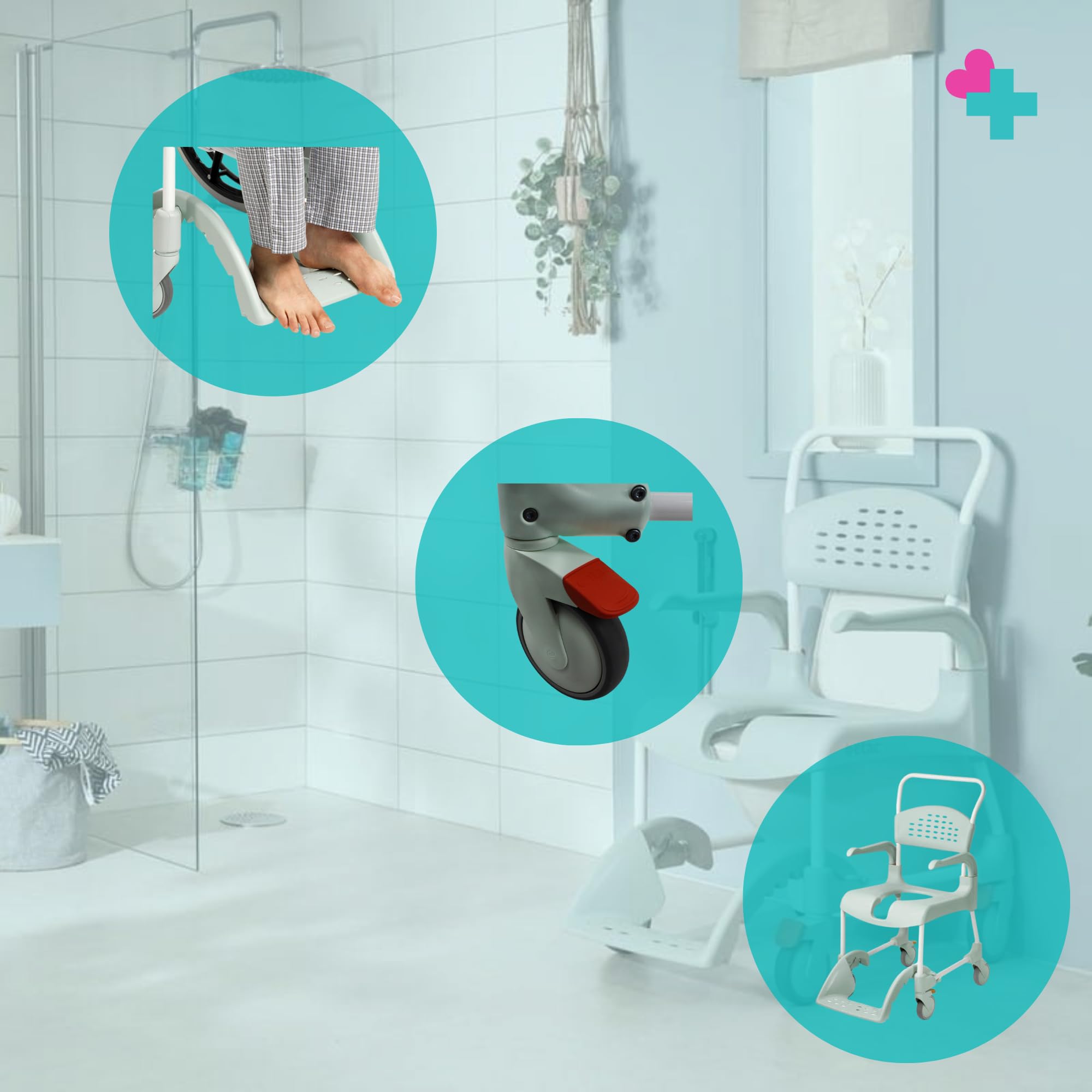 Silla de Ducha y WC con Ruedas | Silla Baño con Inodoro Integrado | Silla Ortopédica con Reposabrazos y Respaldo | Frenos de Seguridad | para Personas Mayores y Movilidad Reducida
