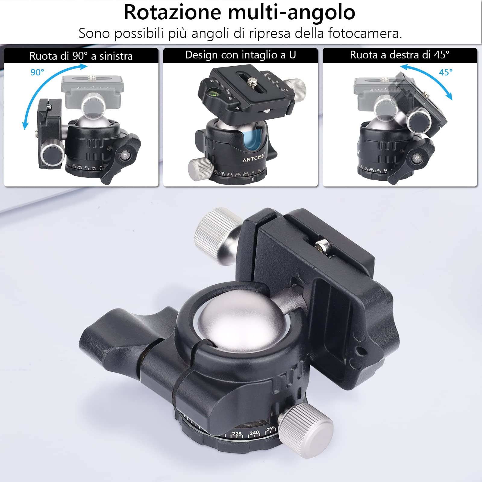 Testa per treppiede a basso profilo, ARTCISE EB30S mini Testa a sfera interamente in metallo, piastre a sgancio rapido da 1/4", 3 viti da 1/4" a 3/8" per convertire Carico massimo 22 libbre / 10 kg