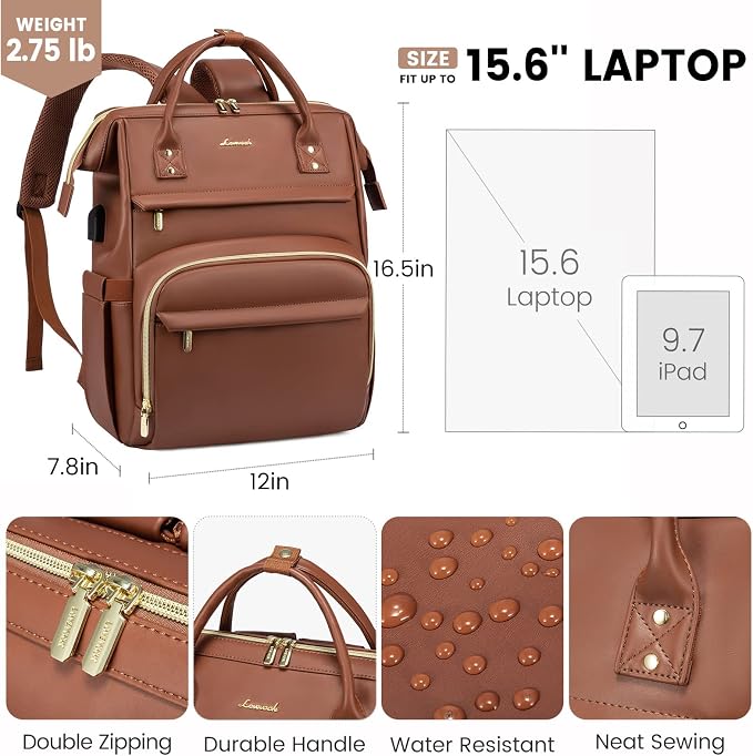 Mochila de cuero LOVEVOOK para laptop 15.6 pulgadas marrón miniatura 2