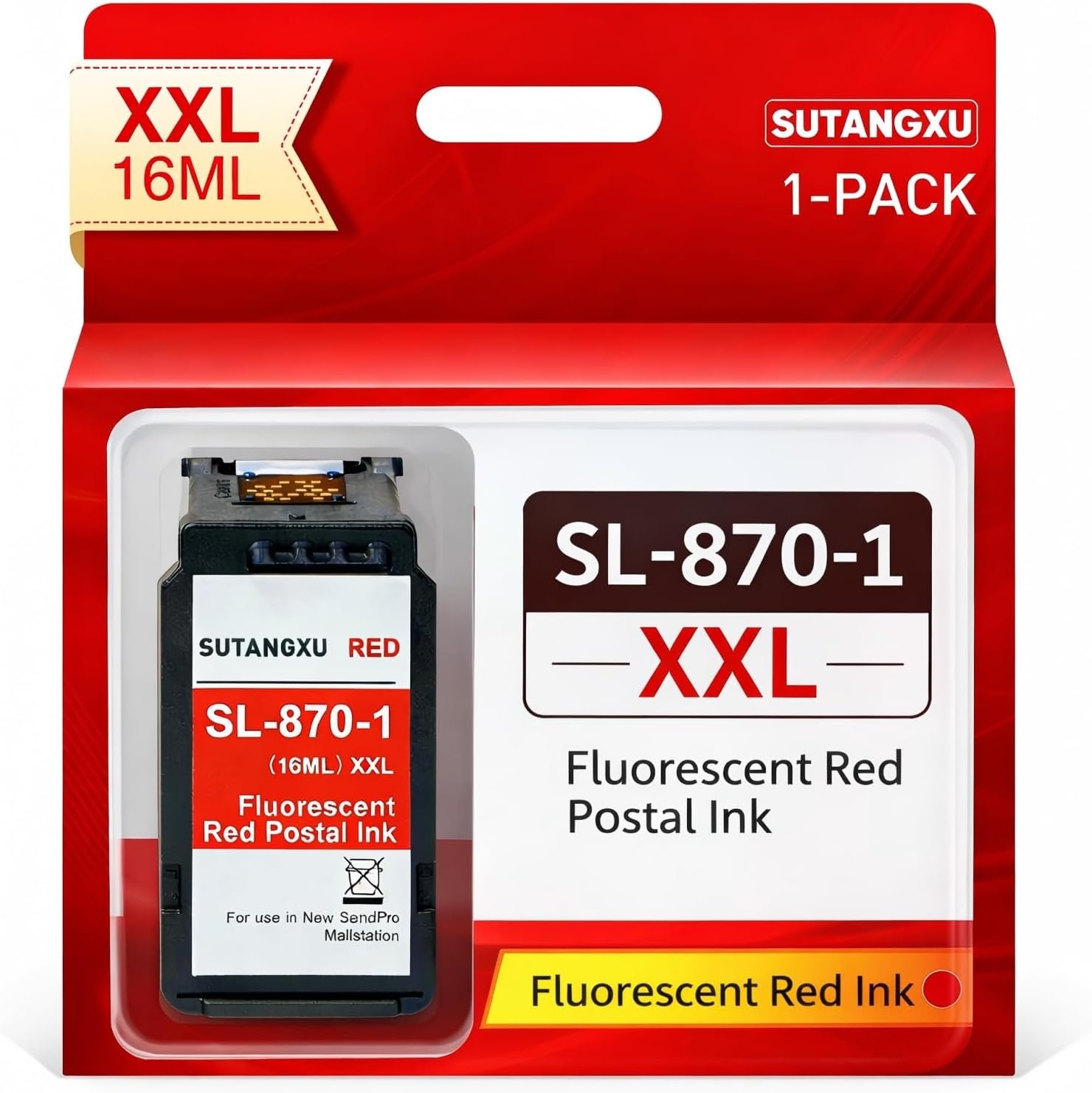 High Capacity SL-870-1 Compatible for Pitney Bowes SL-870-1 Red Ink Cartridge Postage Ink SL8701-1 SL870-1 Postage Meter Ink use with Pitney Bowes New SendPro Mailstation, 1-Pack (XXL 16ml)