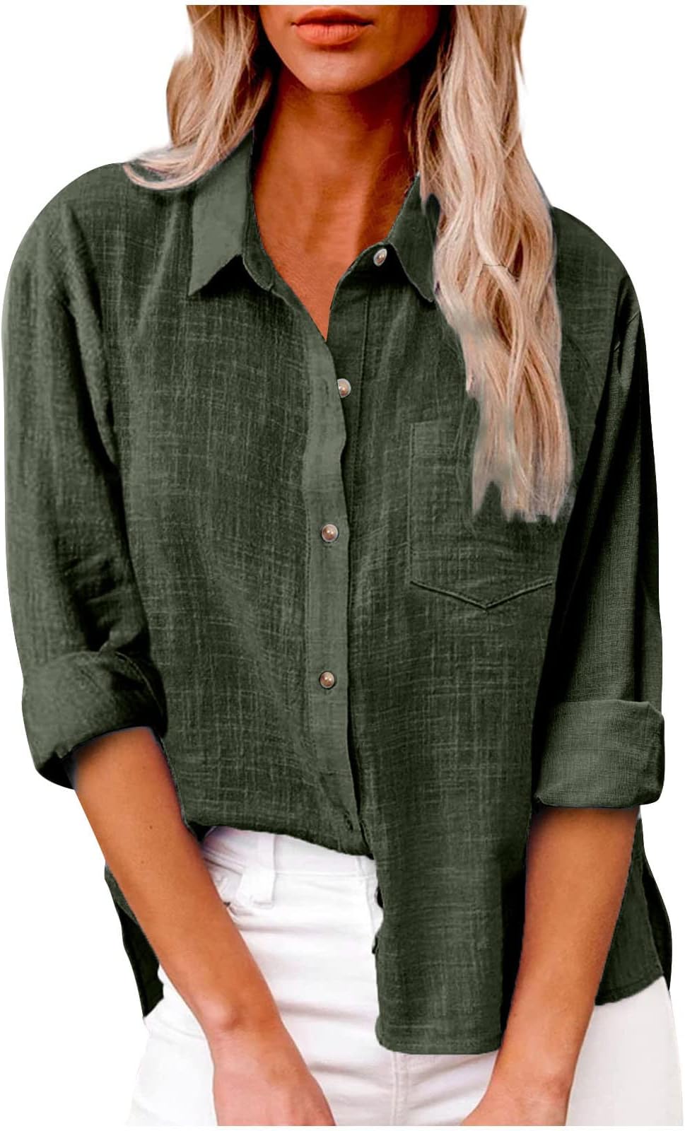 Womens Cotton Linen Button Down Shirt