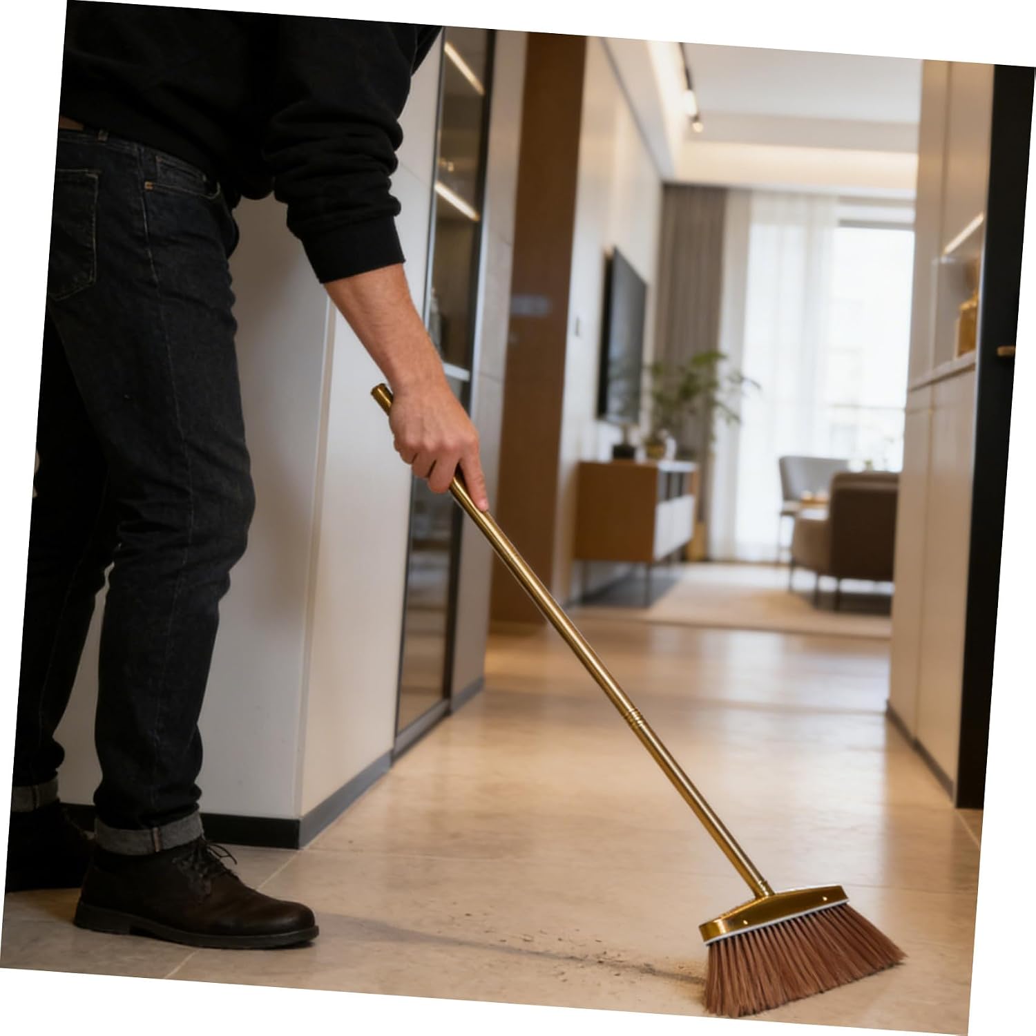 Cabilock Heavy Duty Stainless Steel Hand Broom with Detachable Handle for Indoor and Outdoor Cleaning, Golden Color, Sturdy Dust Removal Sweeper Broom for Home and Patio Use
