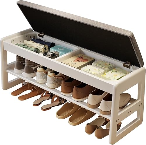 Miniatura 19 de AQIMUELE Banco pequeño para zapatos, banco de zapatos de 2 niveles con almacenamiento con tapa abatible, zapatero de madera para entrada, pasillo