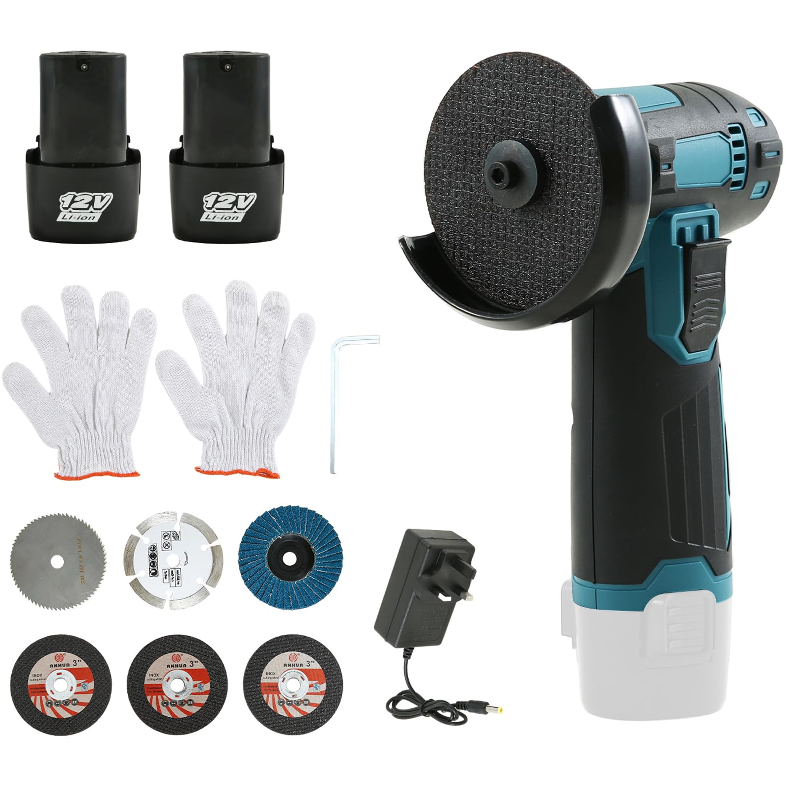 cupeohome 12V Mini Cordless Angle Grinder with 6 Cutting Discs and 2pcs Batteries, 19500RPM, Battery Powered 76mm Mini Angle Grinder Tool for Cutting Polishing and Sharpening