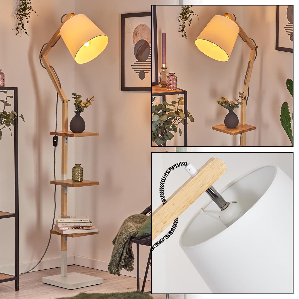 HOFSTEIN Lampa stojąca Tukchor, lampa stojąca z drewna/metalu/materiału w kolorze naturalnym/białym, regulowana lampa w stylu boho z półkami i przełącznikiem, 152,5 cm, E27, do salonu, sypialni