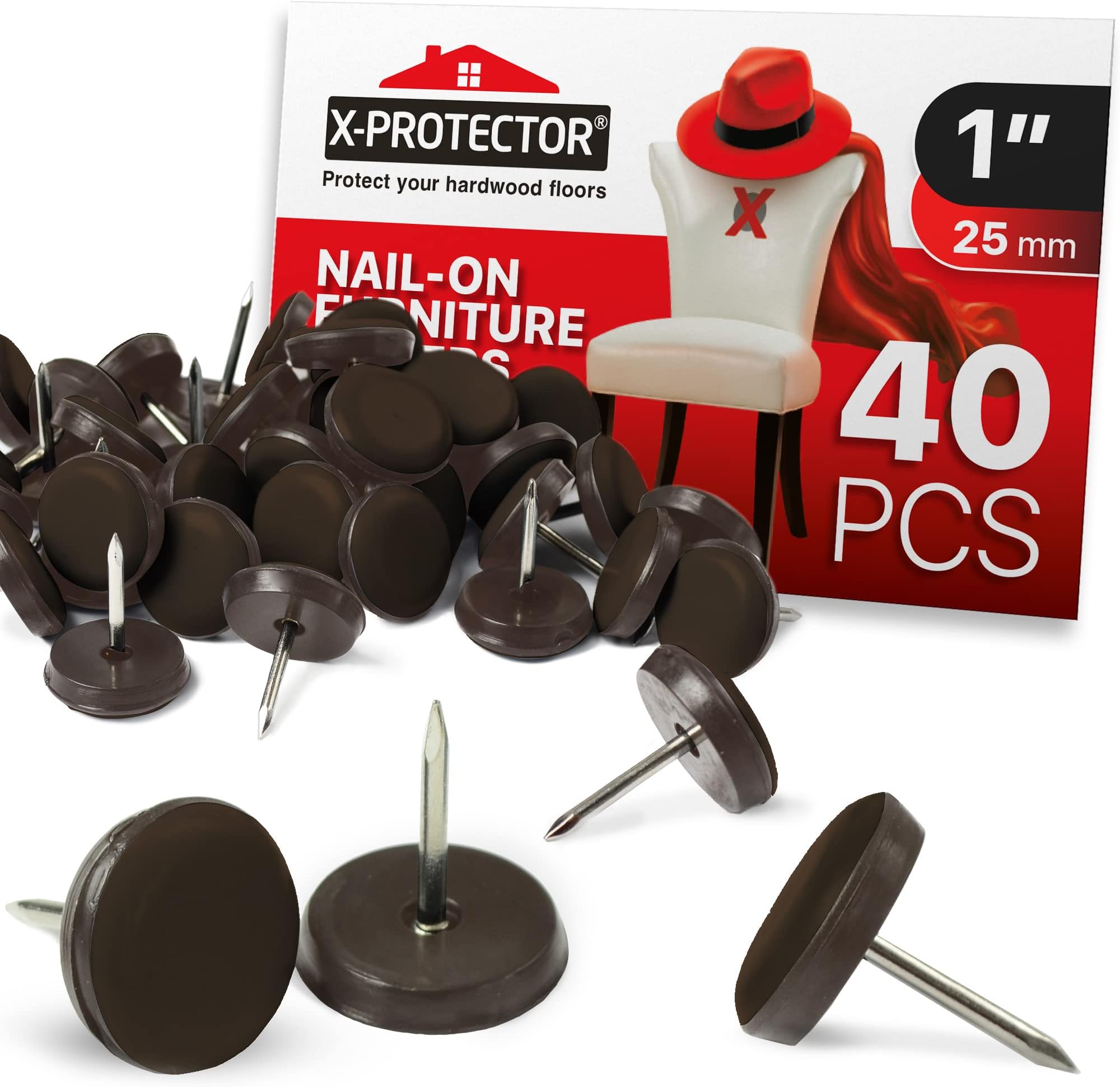 X-Protector Chair Glides – 1" Furniture Glides 40 pcs – Brown Nail-on Chair Sliders – Premium Chair Leg Floor Protectors – Slide Effortlessly with Chair Leg Pads That Protect Your Floor!